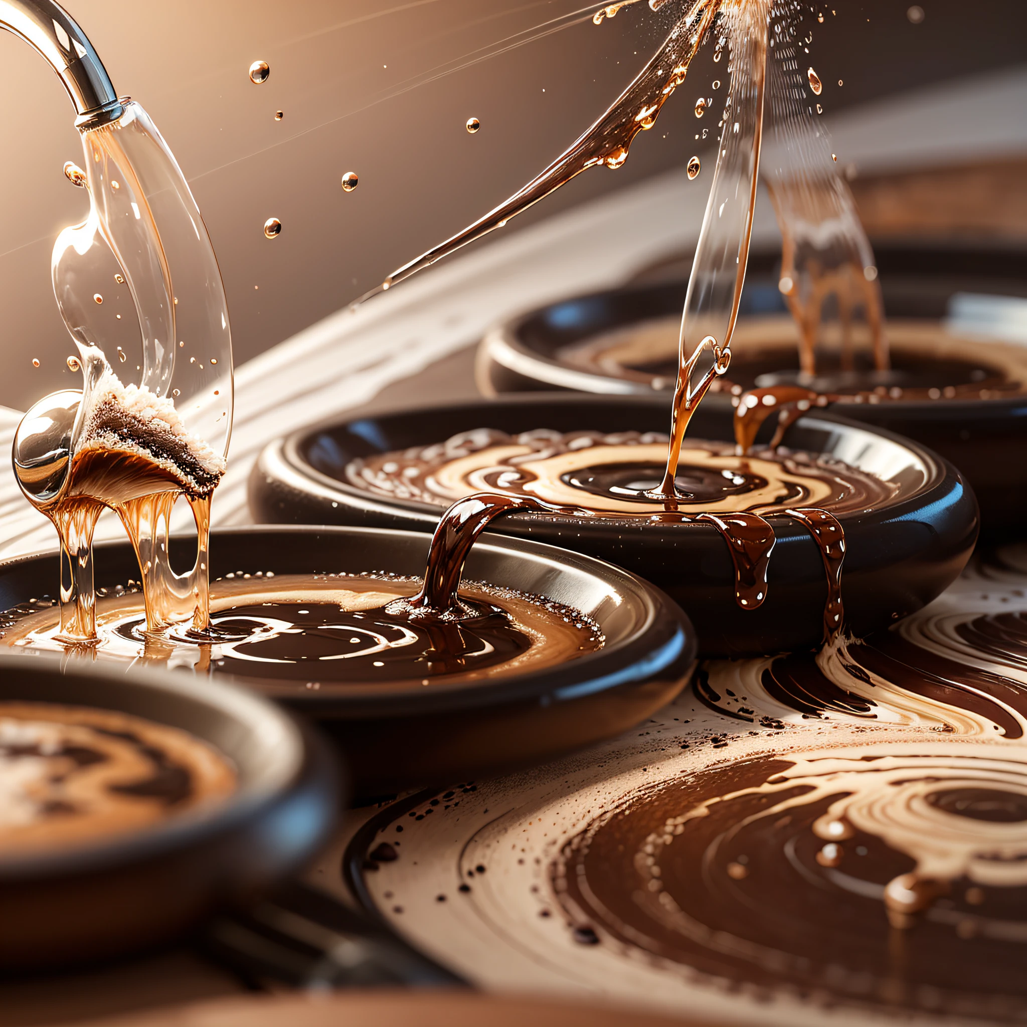 many streams of coffee flowing falling from a table with a splash of drops and drops. multiple jet of coffee pouring down --auto --s2