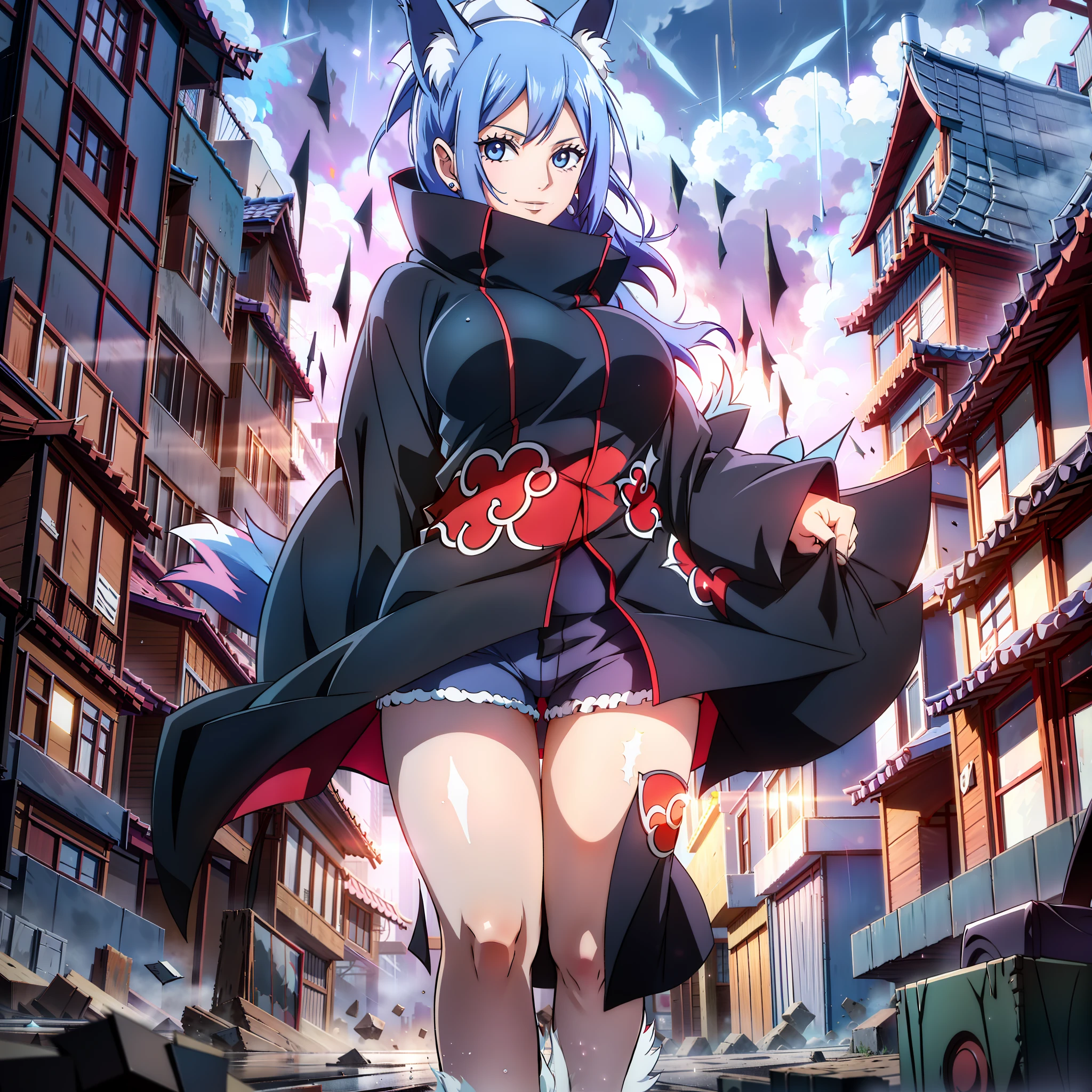 dead buildings in the background, buildings without light, top of a building, mist, rain, heavy rain, storm, , night, akatsuki clothing, 1girl, big breasts, smile, short, chubby, full body, long blue hair, upper blue hair, chained lower red hair, blue fox ears, blue fox tail, large bust, gray eyes, gray pupils, purple kimono, black knee length shorts,  scanned, , Hedda Sterne