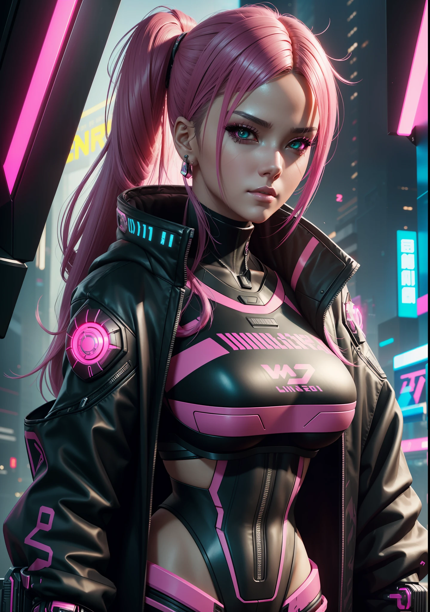 a close up of a woman in a black and pink outfit, cyberpunk 2 0 y. o model girl, 3 d character concept artwork, female cyberpunk anime girl, amazing 8k character concept art, cute cyborg girl, girl in mecha cyber armor, realistic character concept art, smooth digital concept art, oppai cyberpunk, feng zhu concept art