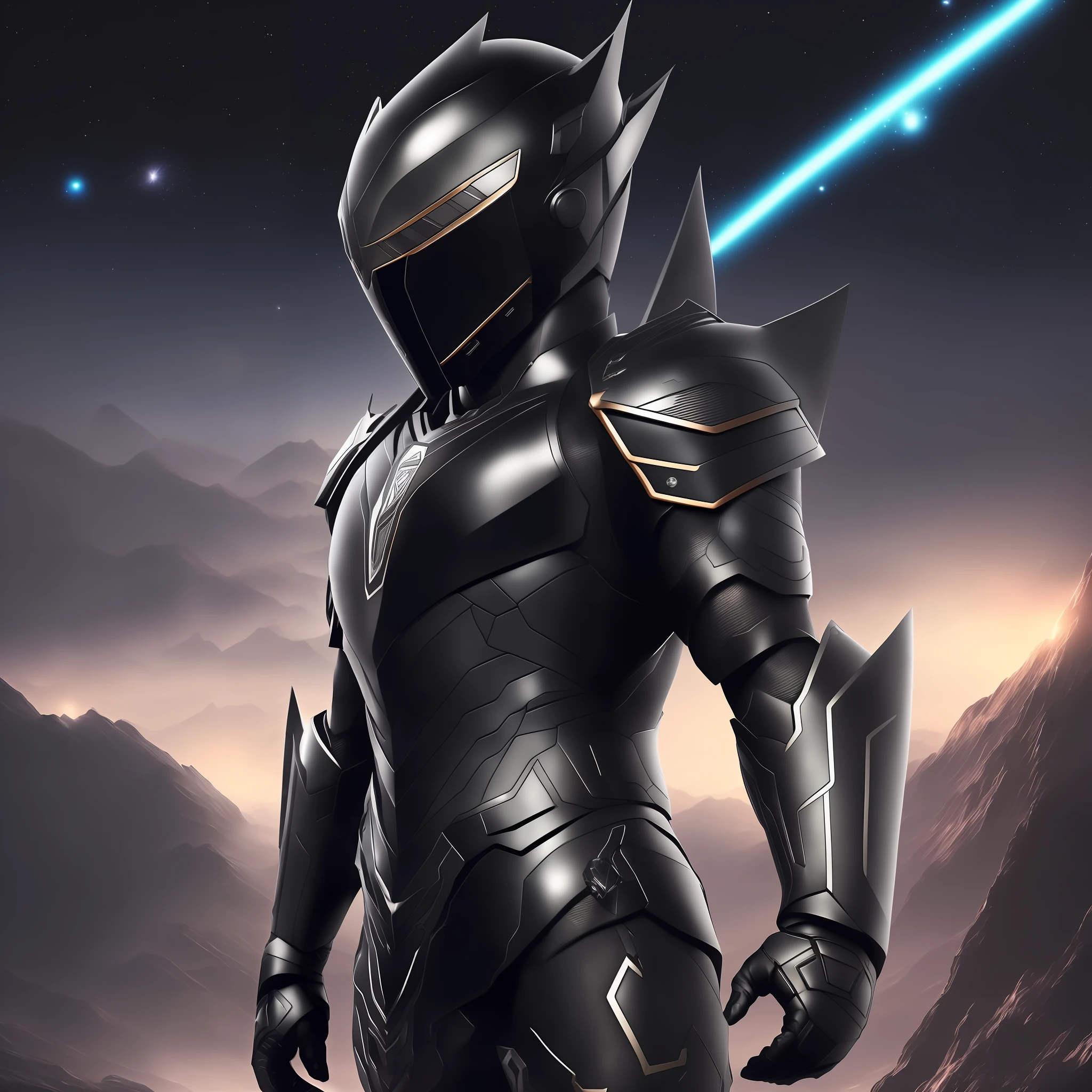 ((A person in a very dark black suit, Kamen rider Ryuga style) 1.5), ((sharp black armor, stealth armor) 1.3), Tokusatsu, Dark, ((Environment: Outer space with planet in the background) 1.4), UHD, 16K, ((armored uniform) 1.5) --auto --s2