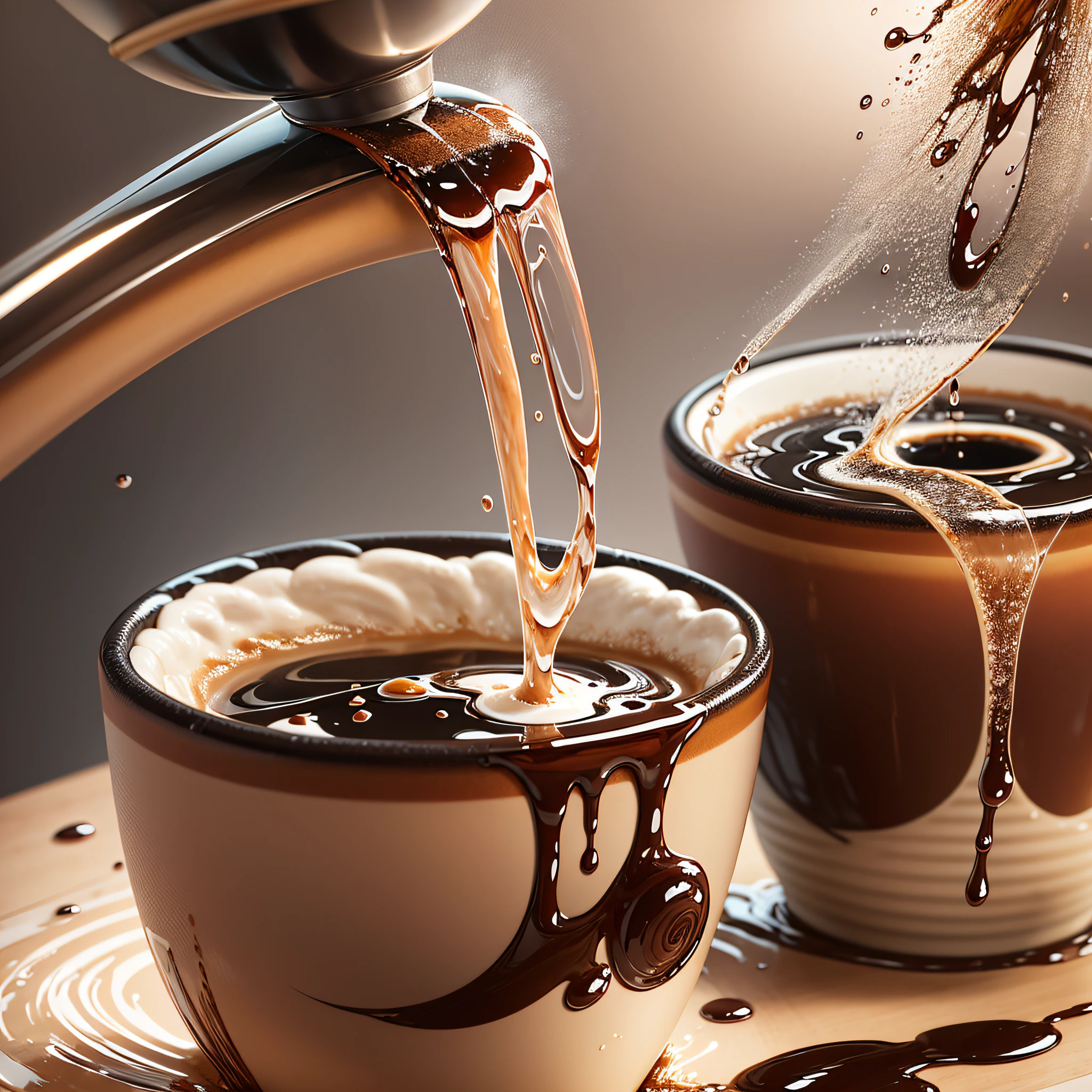 many streams of coffee flowing falling from a table with a splash of drops and drops. multiple jet of coffee pouring down --auto --s2