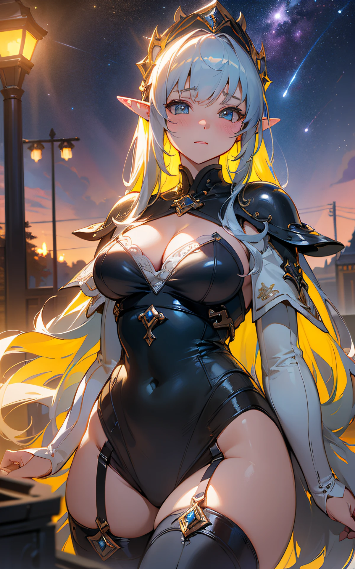 (Original Character、Unity 16K Wallpaper, Masterpiece, Best Quality, Ultra-Detailed, Extremely Detailed CG, Caustics, Cinematic Lighting, Detailed, Beautiful Detailed Eyes, solo), Ultra High Resolution, fine skin, (elf, curby), (strong light)、((brighten the subject)),outdoors,cleavage,blush,cowboy shot,Mysterious,night,starry sky,lying