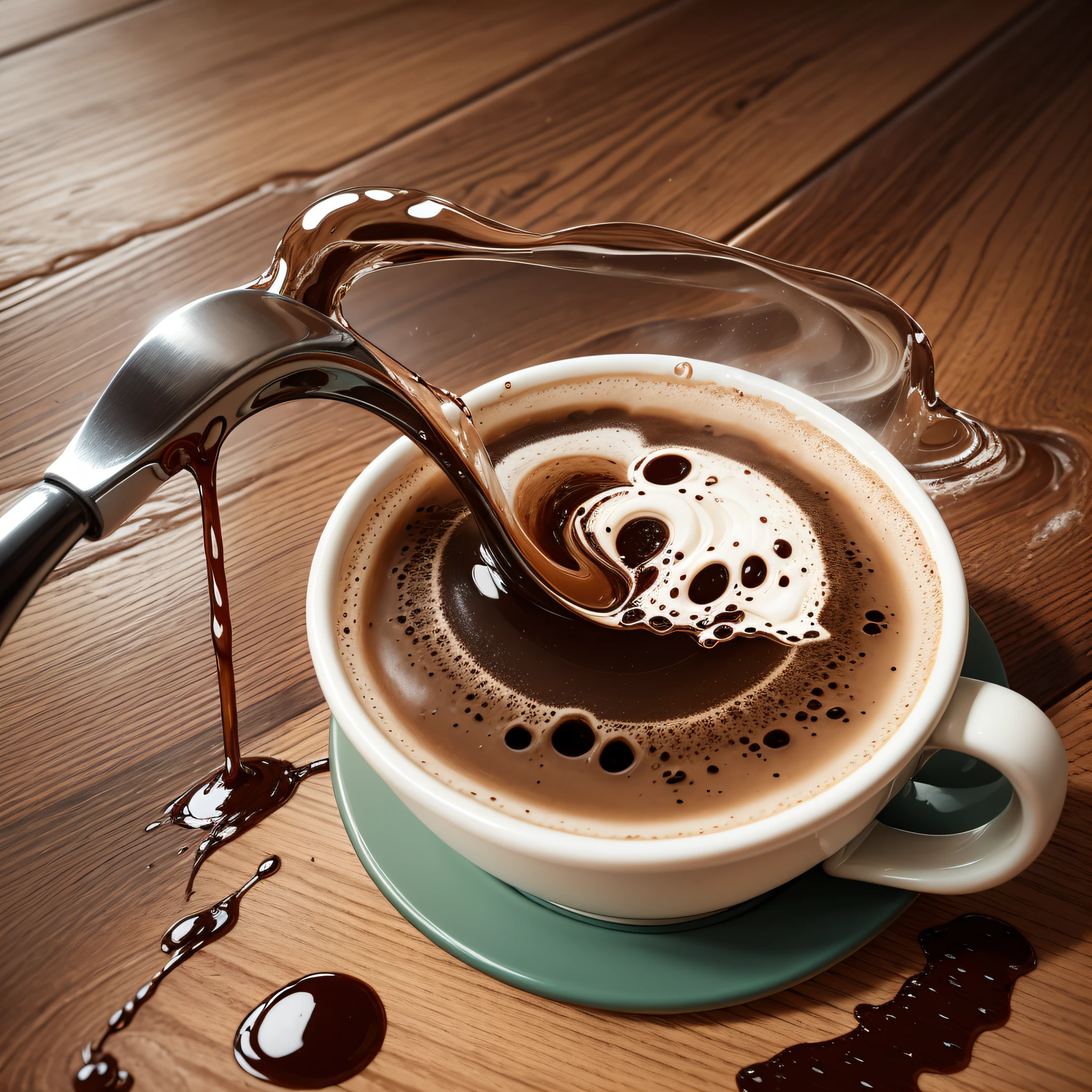many streams of coffee falling down on the edge of a table with a splash of drops and drops, spilled coffee, multiple jet of coffee pouring down to floor --auto --s2