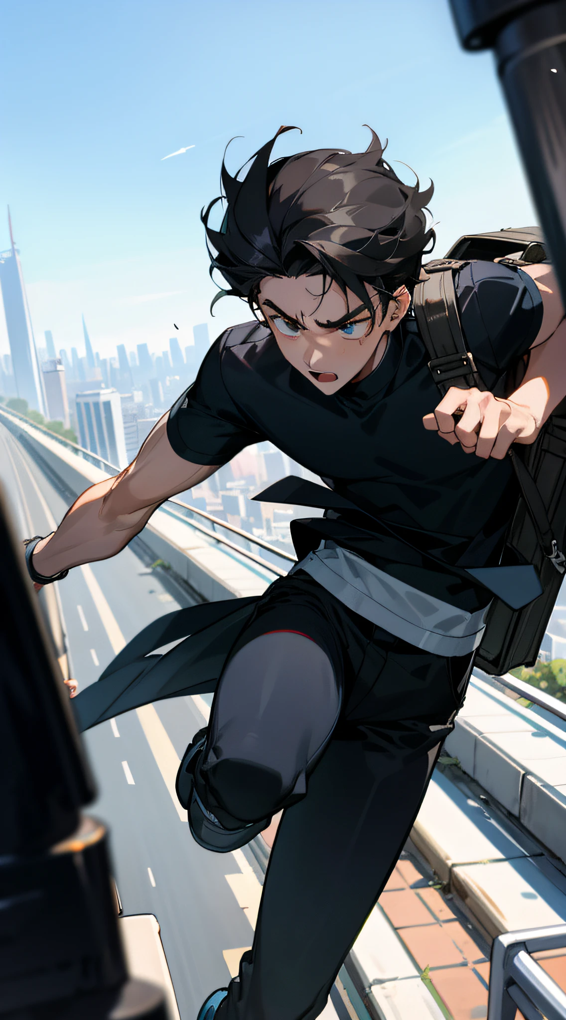 A 24-year-old boy runs out of the city, runs ((teenager)), thinks close-up