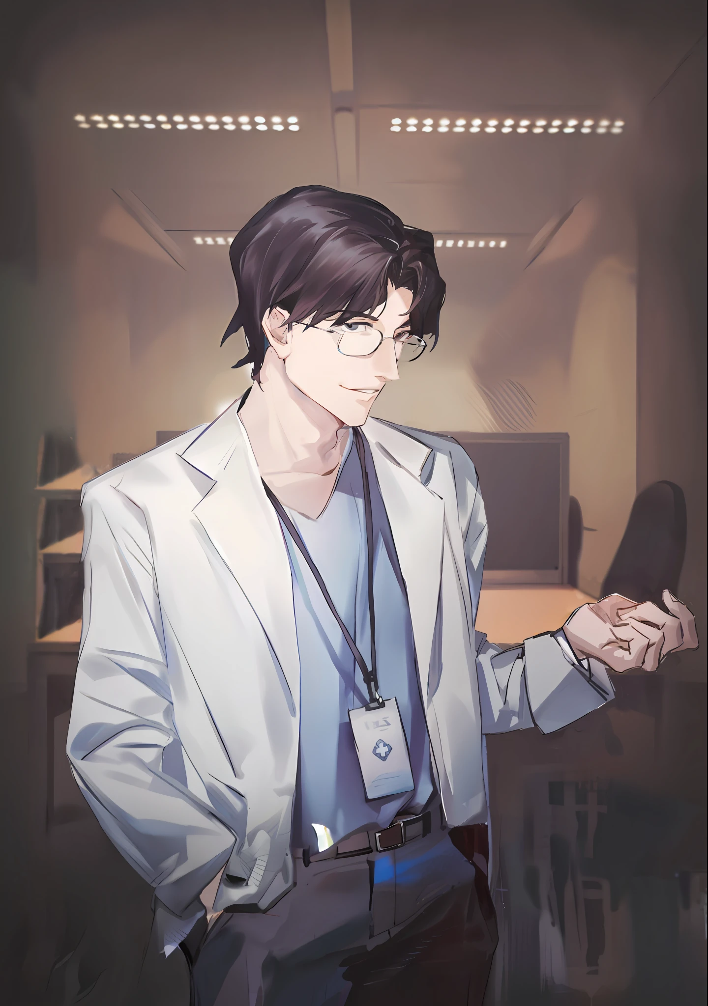 White coat with hands in trouser pockets