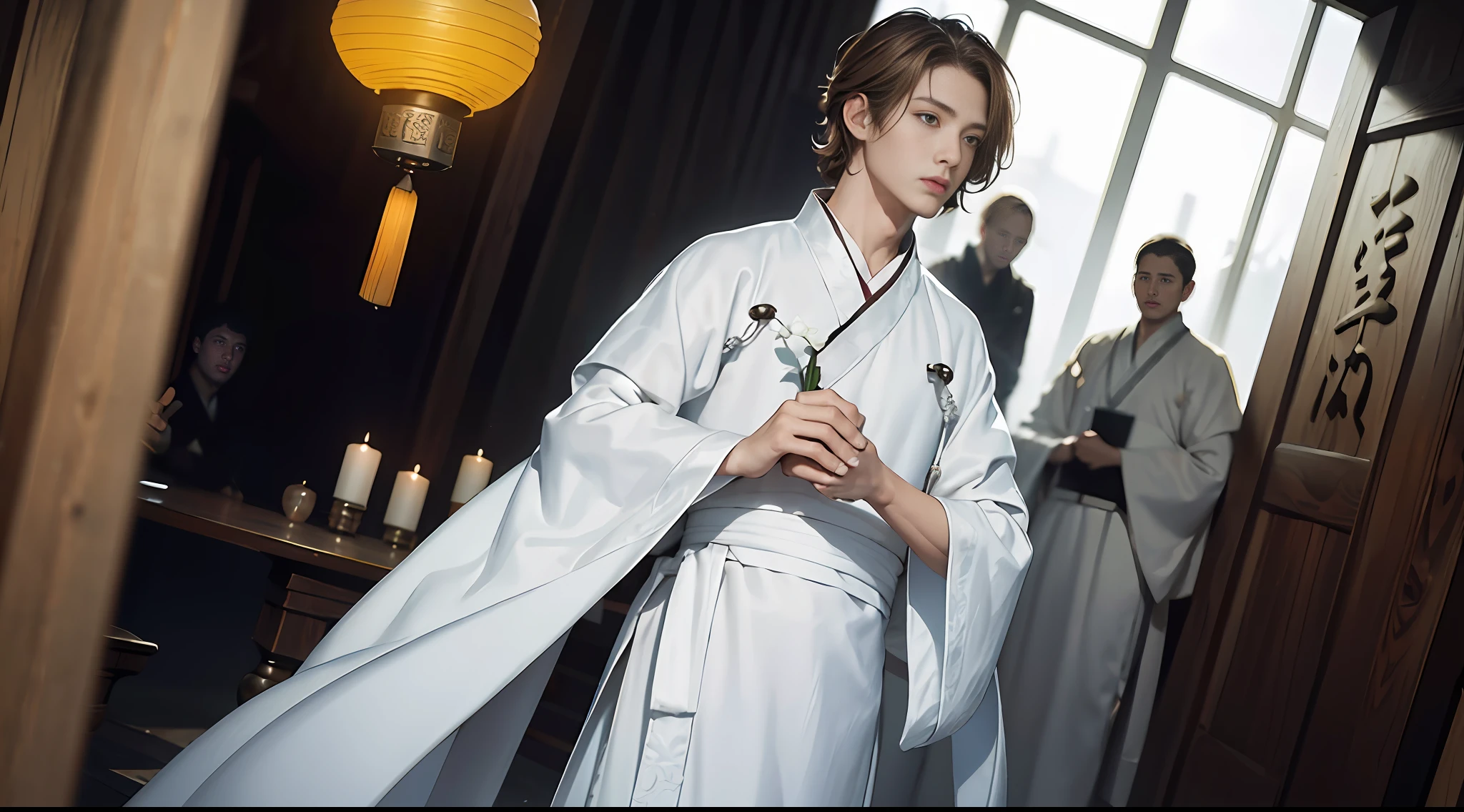 Superb Style, Masterpiece, High Resolution, Handsome Looks, Exquisite Details, High Resolution, Wallpaper, 1 Boy, Solo, ((((White Hanfu)), Brown Hair, Short Hair, Hanfu, Standing Pose, Indoor, Study, 16K, HDR, High Resolution, Depth of Field, (Film Grave: 1.1), Prime Time, (Lens Glow), (Color Grading: 1.5) Half-body, Lantern