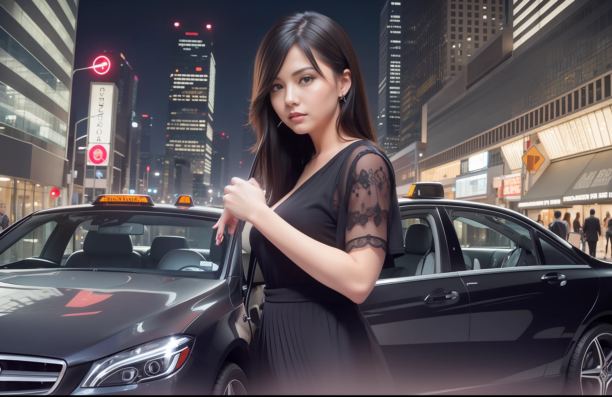 a cute lady driving a black mercedes taxi downtown at night