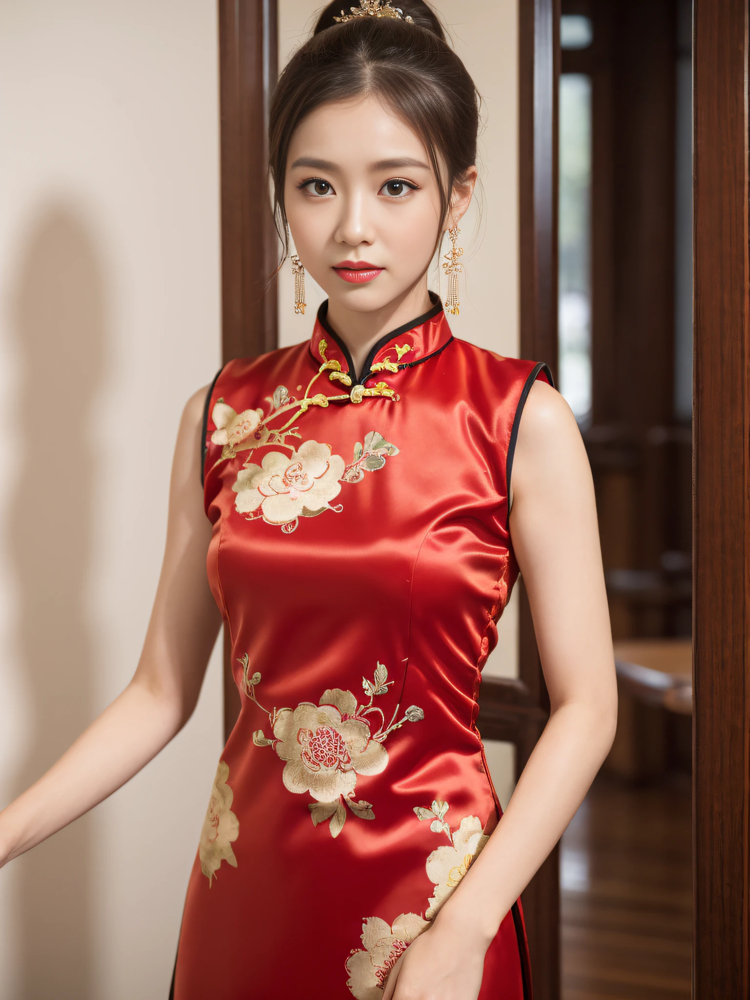 ((Best Quality, 8K, Masterpiece: 1.3)), Focus: 1.2, Wearing Traditional Chinese Costume, Cheongsam, Sleeveless, Split End, Full Body Photo, Standing Pose, Cafe Wall, Highly Detailed Facial and Skin Texture, Detailed Eyes, Double Eyelids, Whitened Skin, Long Ponytail