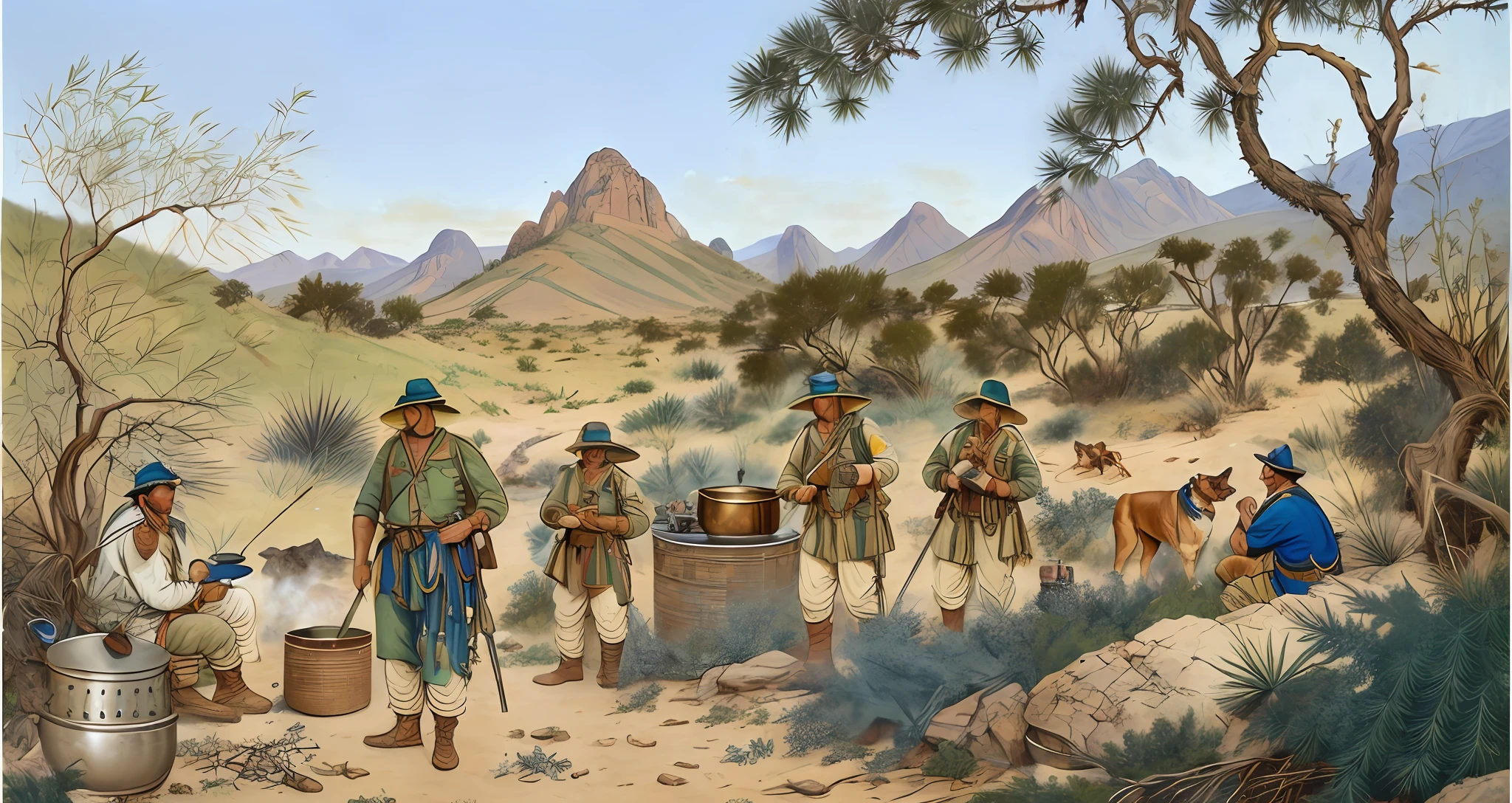 Soldier with torn garments making a food in a pot over a fire, soldiers of the war of straws, leather and cotton clothes of faded colors and brown colors, and faded, several soldiers around, a dog, small mountains and rocks in the background, gnarled trees and small thickets and green herbs growing at the base of rocks,  intricate details, masterpiece, 8k, highres, best quality, highest texture, realistic, nature's light, perfect shadow, clear detailed face, War of straws, caatinga in the backlands of Brazil, semi-arid climate, dry vegetation, twisted bushes, tattered soldiers, bonfire in the center of the photo with a pot, kitchen utensils, camping, scattered things, ((((all faces must be different, use all the spectra of your different emotions from happiness to anger,  do what you want and how you want))).