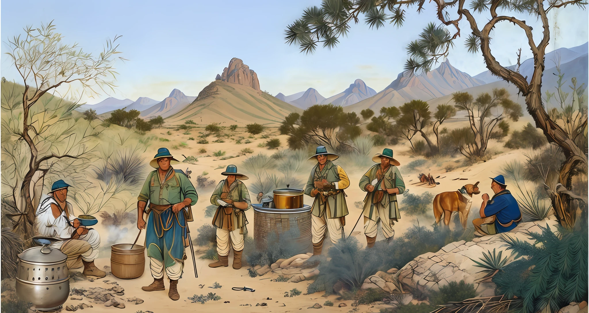 Soldier with torn garments making a food in a pot over a fire, soldiers of the war of straws, leather and cotton clothes of faded colors and brown colors, and faded, several soldiers around, a dog, small mountains and rocks in the background, gnarled trees and small thickets and green herbs growing at the base of rocks, intricate details, masterpiece, 8k, highres, best quality, highest texture, realistic, nature's light, perfect shadow, clear detailed face, War of straws, caatinga in the backlands of Brazil, semi-arid climate, dry vegetation, twisted bushes, tattered soldiers, bonfire in the center of the photo with a pot, kitchen utensils, camping, scattered things, ((((all faces must be different, use all the spectra of your different emotions from happiness to anger, do what you want and how you want))).