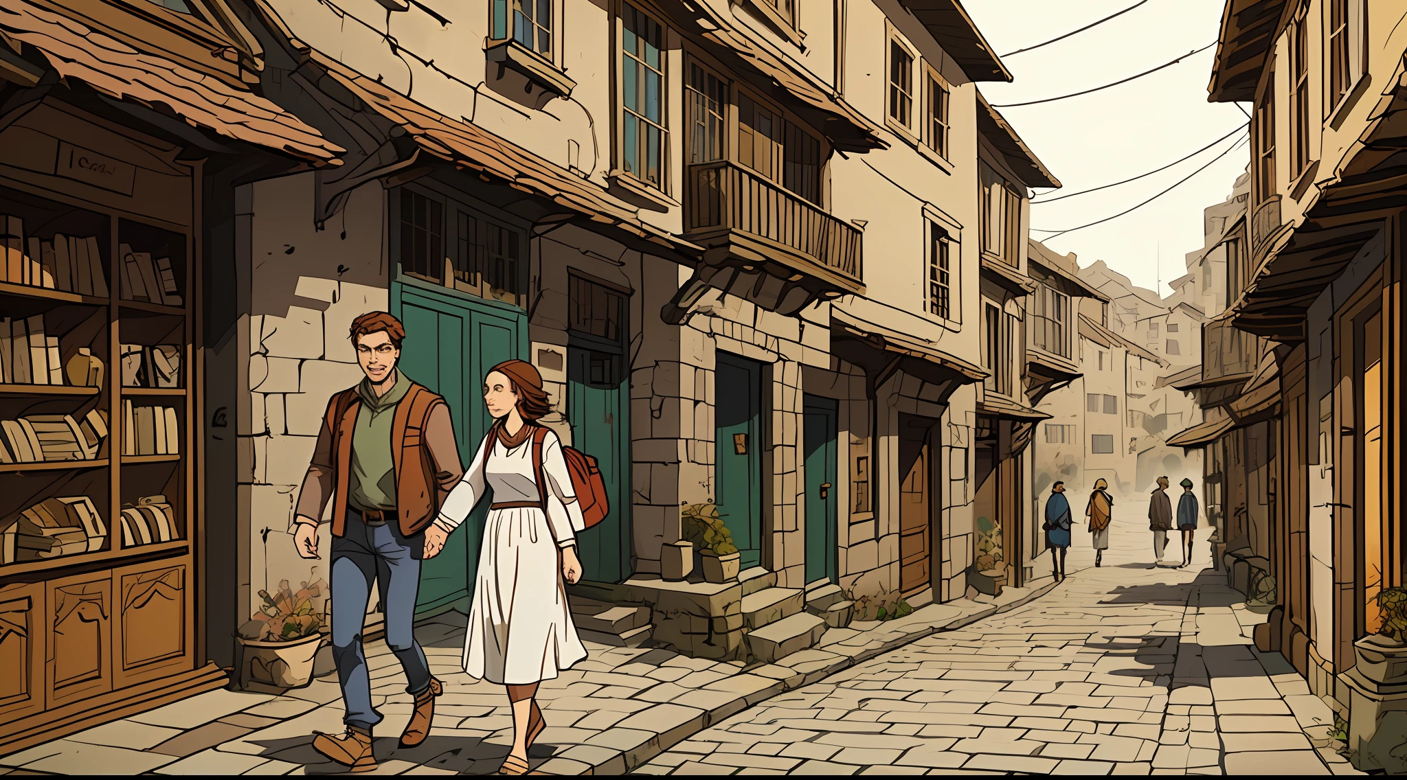 A couple strolling through the ancient streets, illustrated by Herg, tin, pen and ink comic style