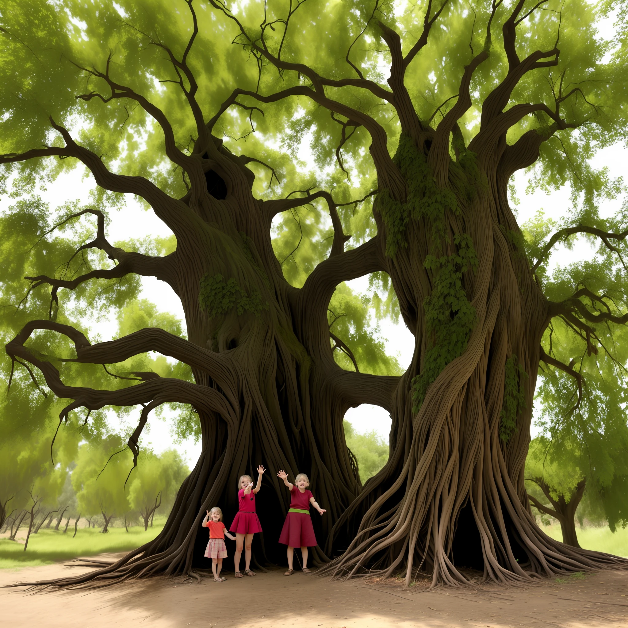 Old tree with ugly fruit wizards underneath with hands raised