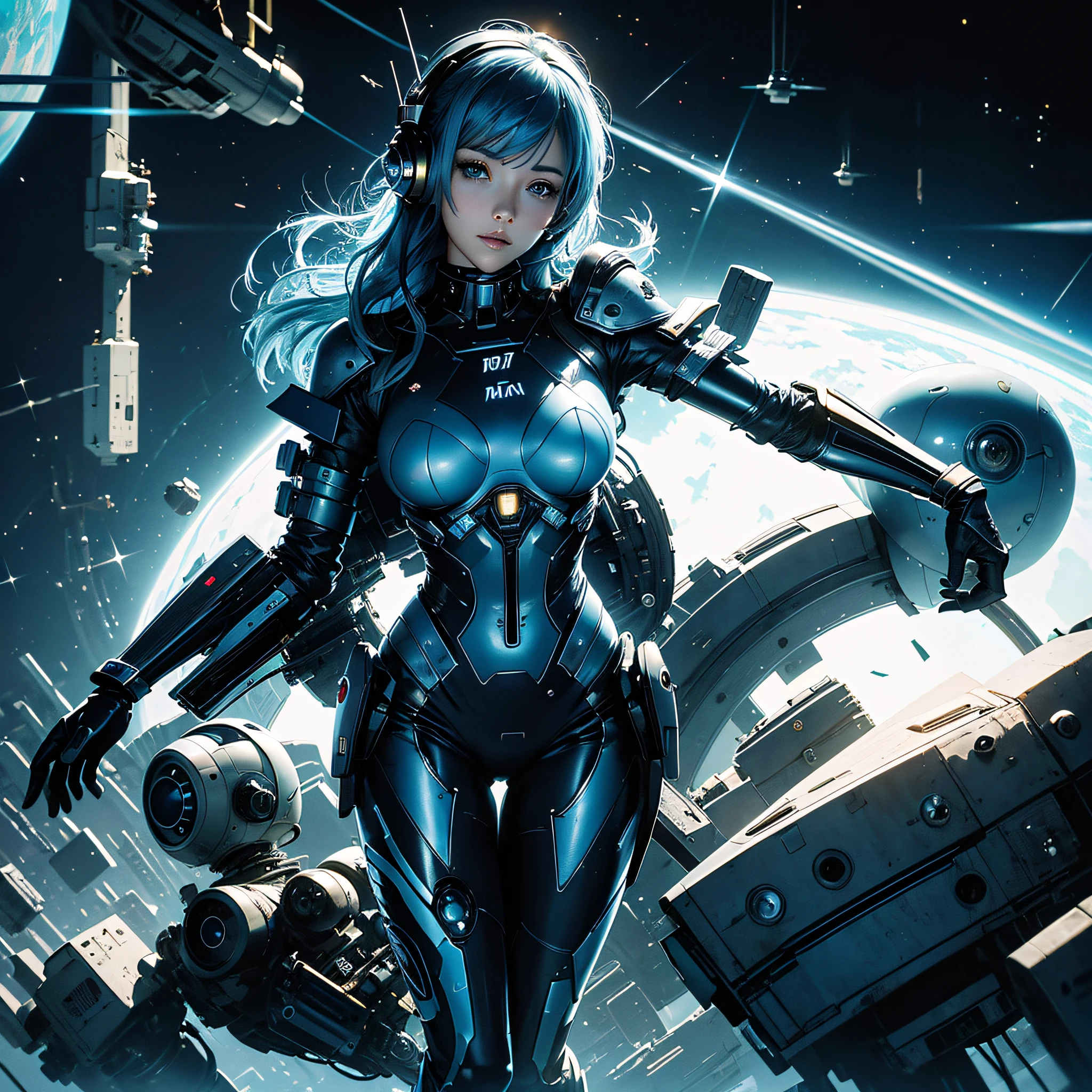 Full body, blue hair, blunt van, masterpiece, top quality, official art, album art, very elaborate CG Unity 8K wallpaper, lone girl, Japan girl, full body, super high resolution, (photorealistic: 1.4), dynamic angle, dynamic pose, mystical power, floating particles, reflection, so cute, sparkling blue color eyes, golden hour lighting, Pilot suit in white and blue and black colors, tight fitting clothes, full-body covering clothes, knee boots, (puffy eyes), viewer looking, front-facing, beauty, medium breasts, shirt lift, metal wire, slim body, arm-length gloves, anime heroine, gentle smile, headset, helmet, detailed robot cockpit, super futuristic space