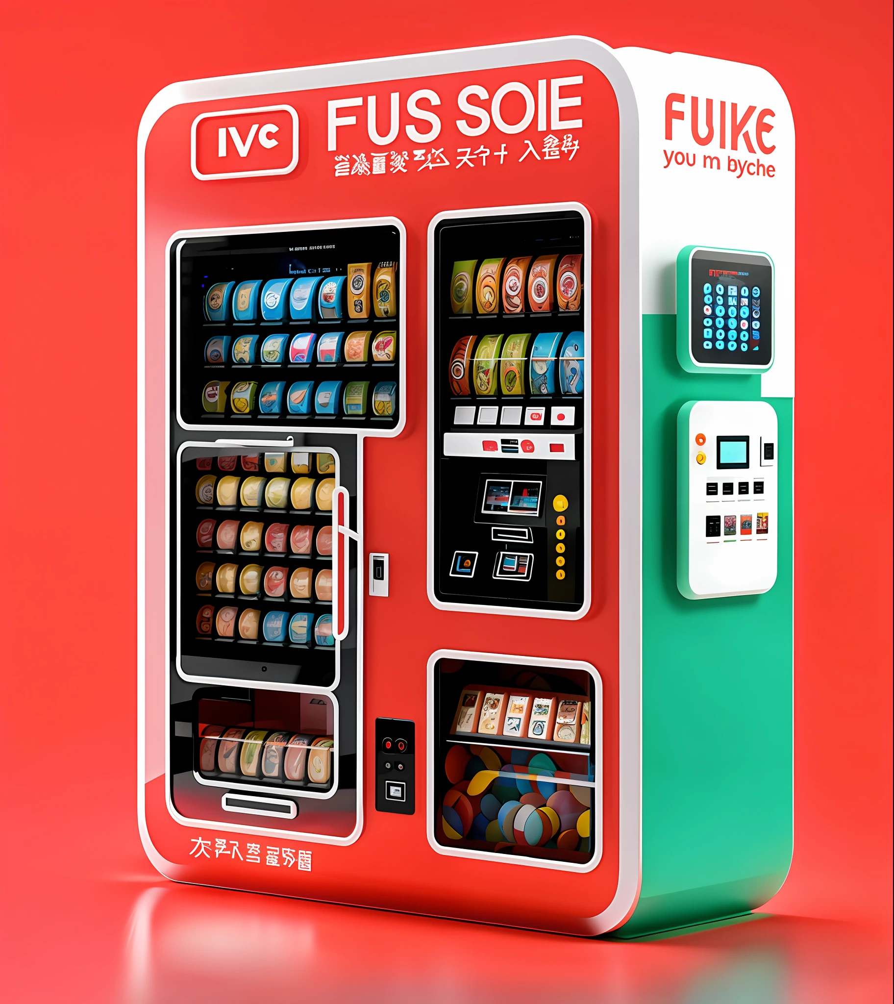 PVC FIGURE vending machine, the upper left corner is the display panel, the three grids on the right are the product display cabinet, the bottom left is the glass panel for pick-up, the fuselage has the style of trendy toys, and reasonable avant-garde design elements appear on the fuselage