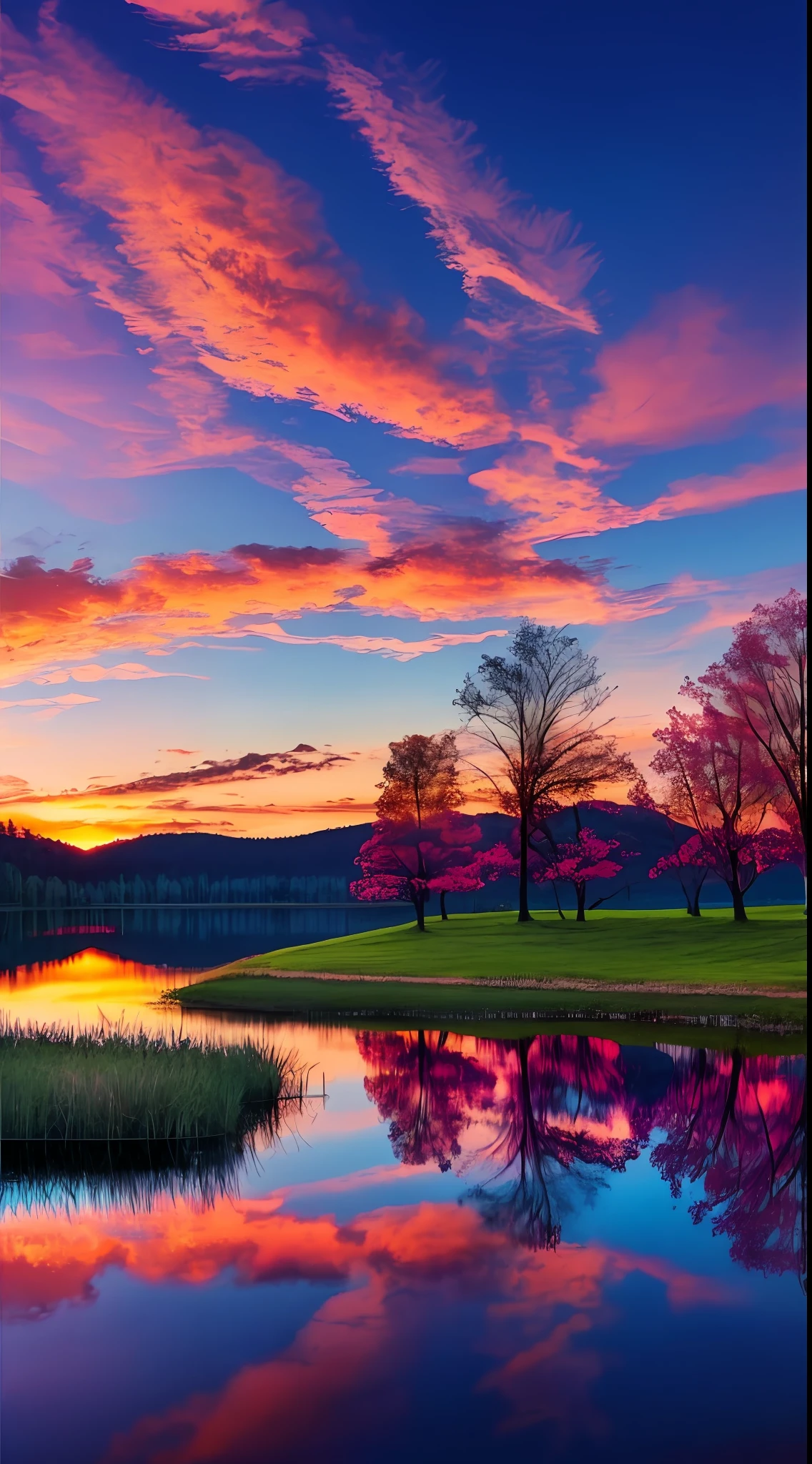 there is a beautiful sunset with a lake and trees in the background, colorful skies, surreal colors, colorful sunset, colorful sky, marvellous reflection of the sky, stunning sky, dream like atmosphere 8k, colorful clouds, colors reflecting on lake, surreal sky, red and blue reflections, fire reflection, beautiful sky, beautiful and spectacular dusk, beautiful dreamy landscape, amazing sky