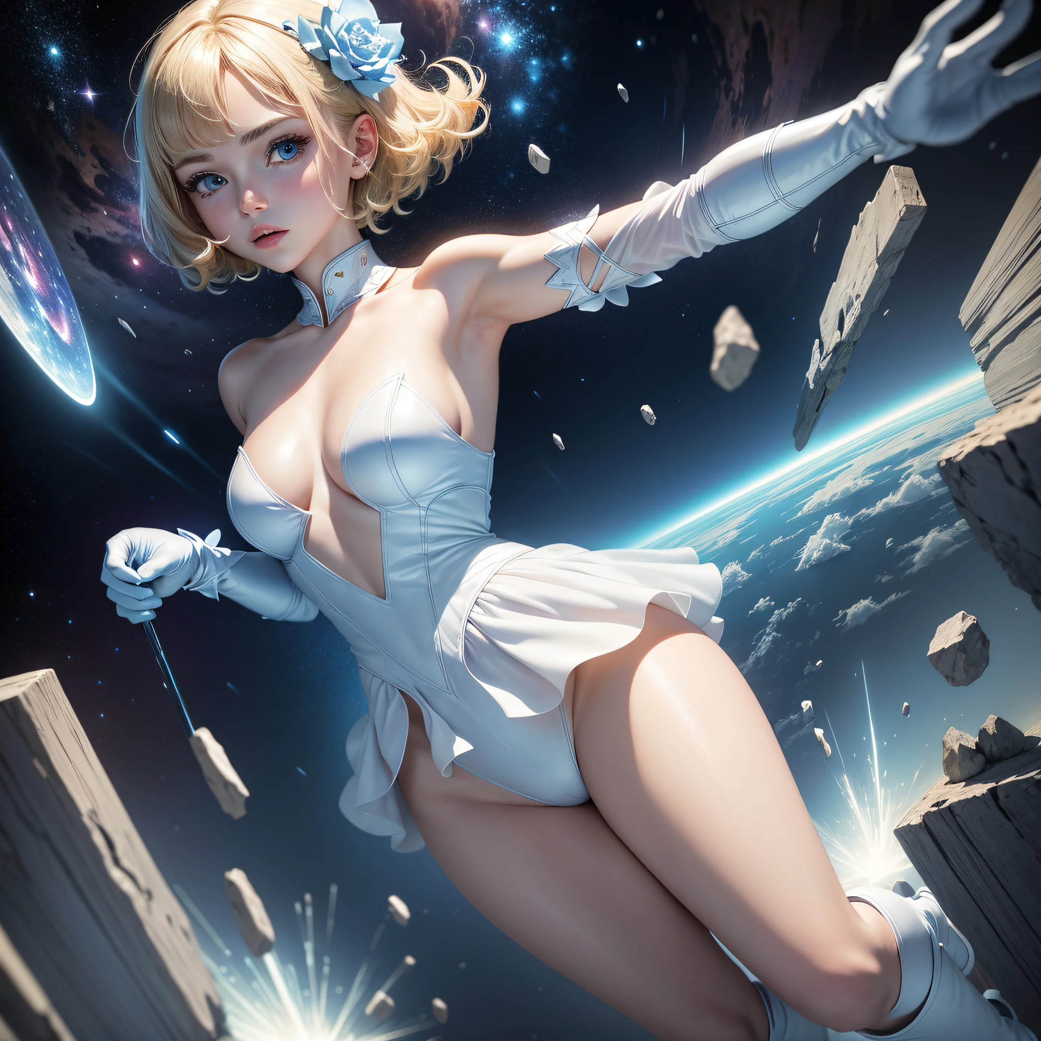 Absurd resolution, high resolution, (masterpiece: 1.4), super detailed, girl alone, from above, future, psychic powers, legend, universe, floating, blonde, petite, super short hair, space-time, (perfect body: 1.4), sparkly blue colored eyes, long boots, white and blue costume, gloves that are up to the elbows