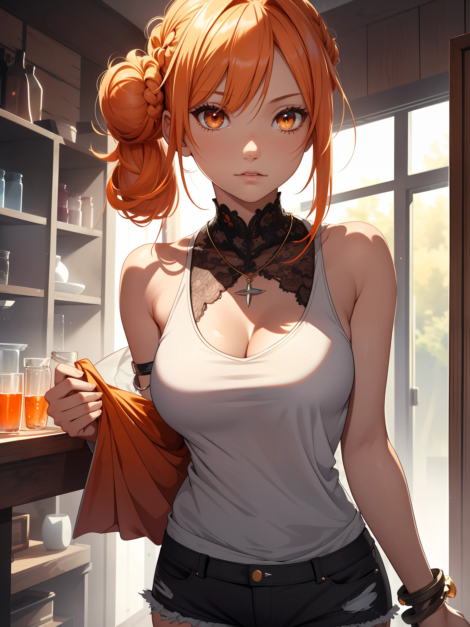 realistic, Beautiful detailed girl, clear and beautiful, Personage as the main perspective, shiny_skin, girl,woman,female, young,20 years old, medium hair, bangs, hair bun, sidelocks, orange hair, beautiful detailed Glass hair, pink streaked hair,beautiful detailed cold face, cold expression, complex details beautiful and delicate eyes, fingernails, medium_breasts, , orange eyes, Authentic skin texture, piercing, necklace, tank_top, short_shorts, knee_boots, bloom, extremely detailed CG unity 8k wallpaper, very fine 8KCG wallpapers, very fine 8K CG wallpaper,watercolor (medium)