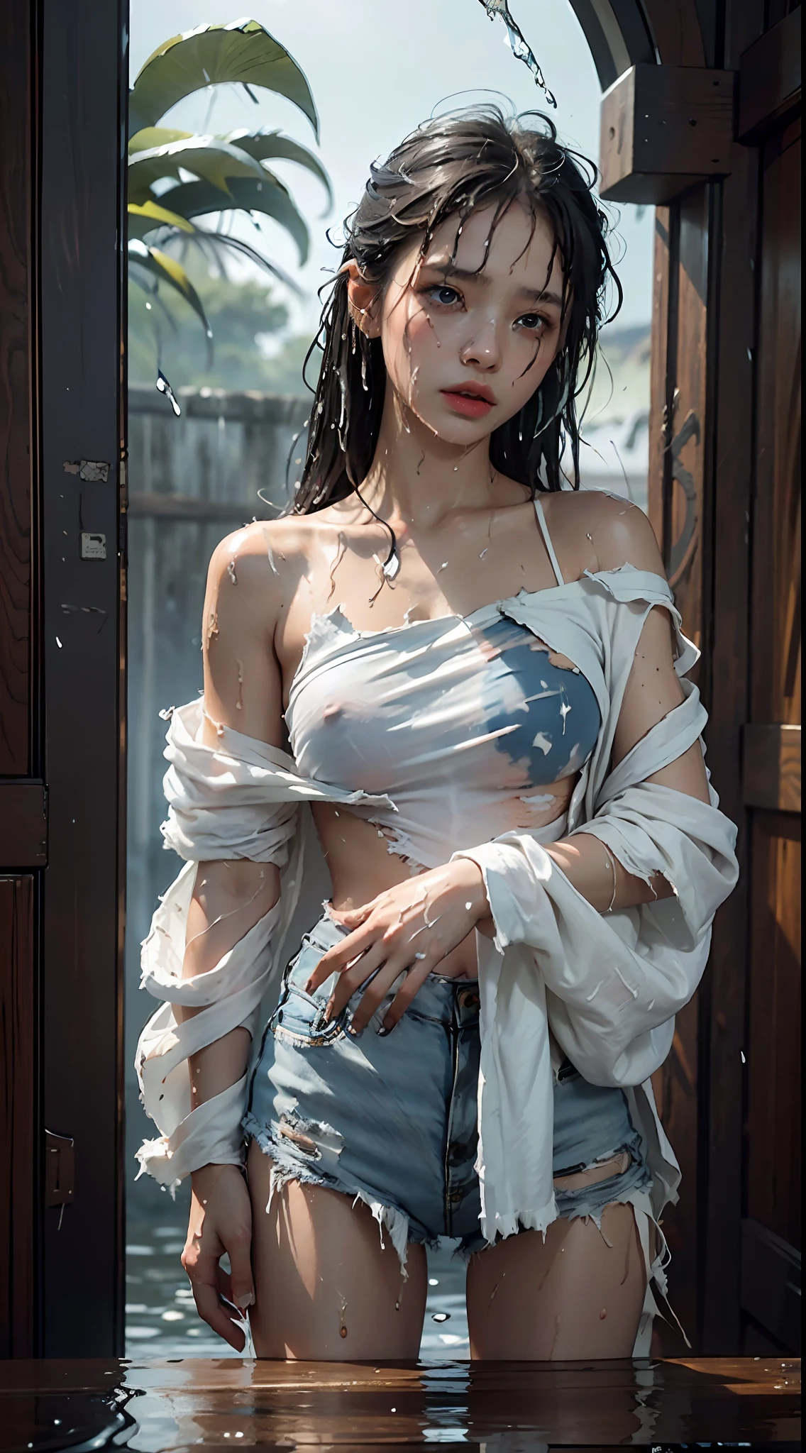 Best picture quality, masterpiece, ultra high resolution, (fidelity :1.4), photo, 1 girl,[(sadness)],white shirt, Dim, dark, desperate, pitying, pitiful, cinematic,tear,teardrop,(Torn clothes:1.5), (Wet clothes:1.4), bare shoulders,Real rain,wet hair,..