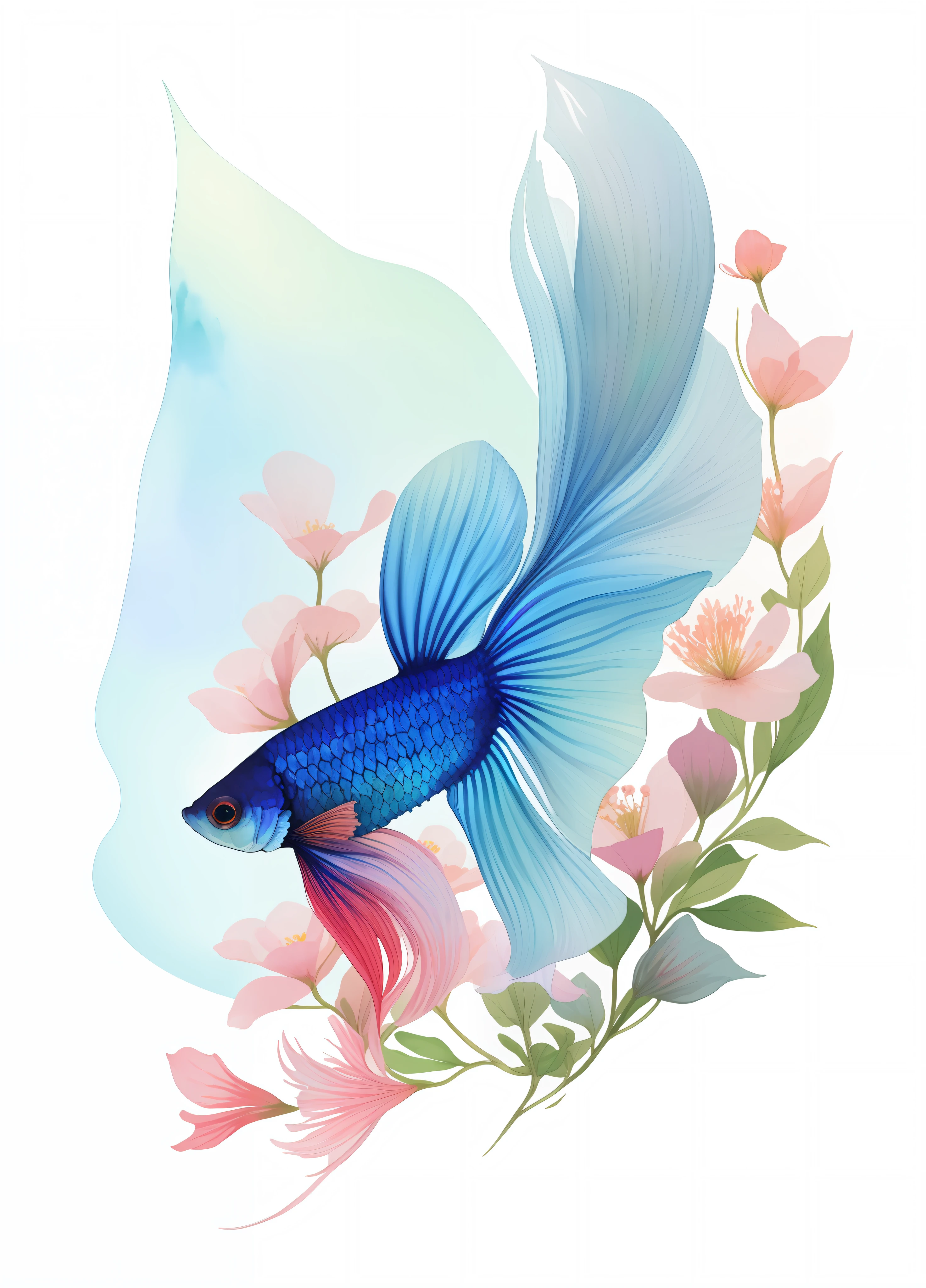 Stunning (betta fish) with delicate flowers, watercolour, pastel hues, white background, a beautiful artwork illustration, betta fish, exquisite digital illustration, beautiful digital artwork, in style of digital illustration, beautiful digital illustration, in pastel colors, beautiful gorgeous digital art, beautiful illustration, hd illustration, colored illustration for tattoo, colorful fish, beautiful digital art, artistic illustration