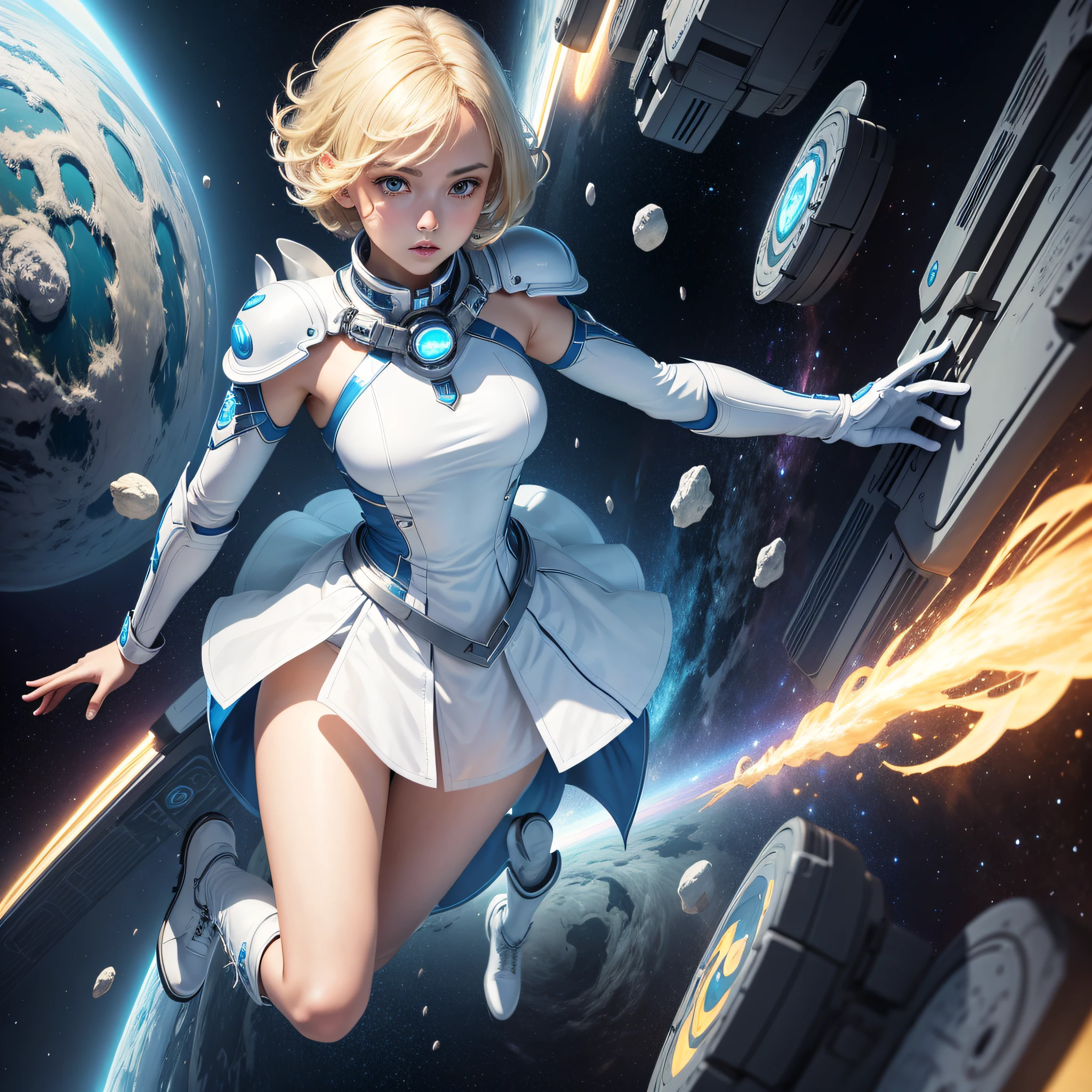 Absurd resolution, high resolution, (masterpiece: 1.4), super detailed, girl one, from above, futuristic, psychic powers, legend, universe, floating, blonde, petite, short hair, space-time, long boots, white and blue costume, elbow-length gloves