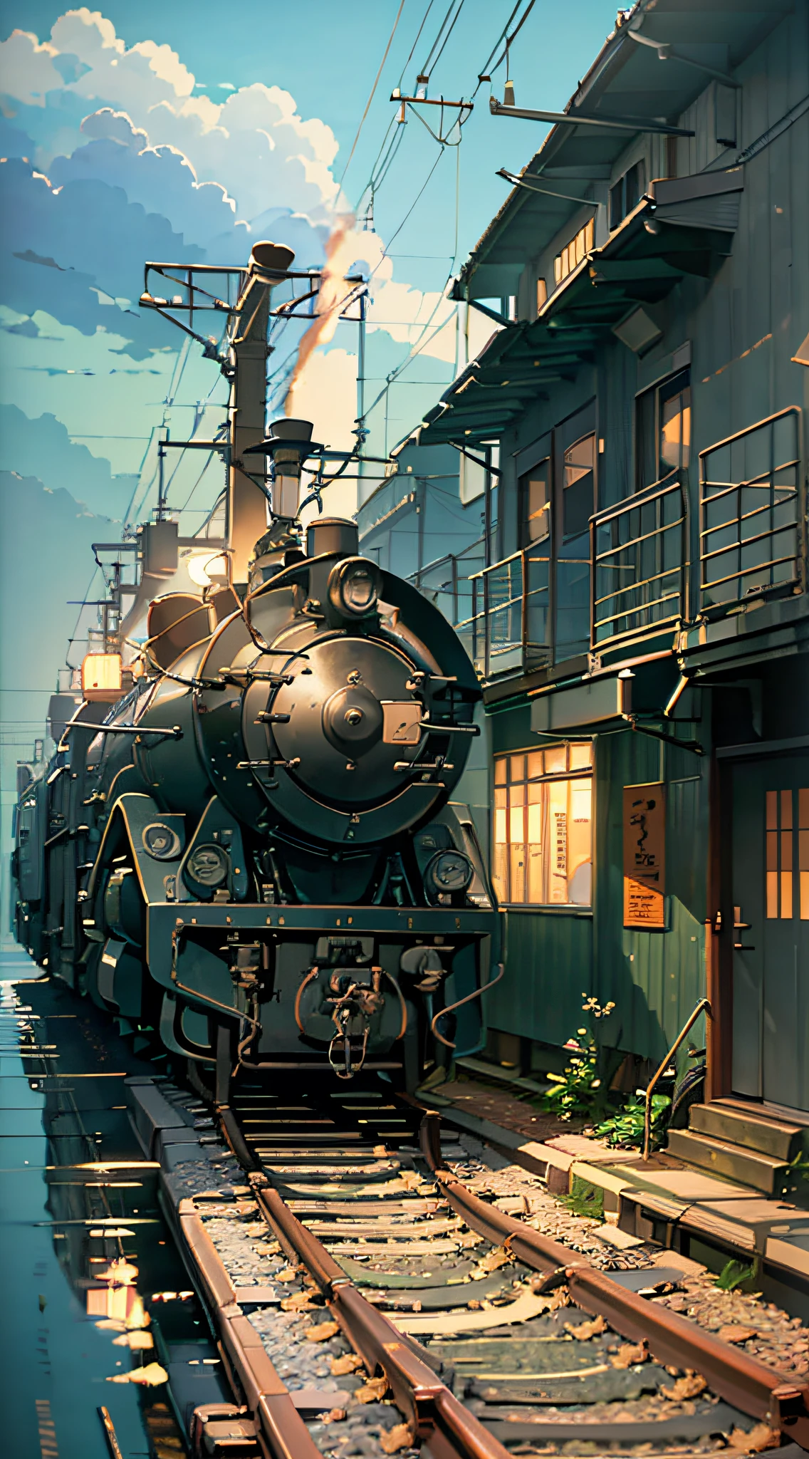 Anime train on tracks through body of water, image by Makoto Shinkai, pixiv, concept art, lofi art style, reflection. Enhanced detail, perfect picture quality. by makoto shinkai, lofi art, beautiful anime scenes, anime scenery, detailed scenery—width 672, in style of makoto shinkai, style of makoto shinkai --auto --s2