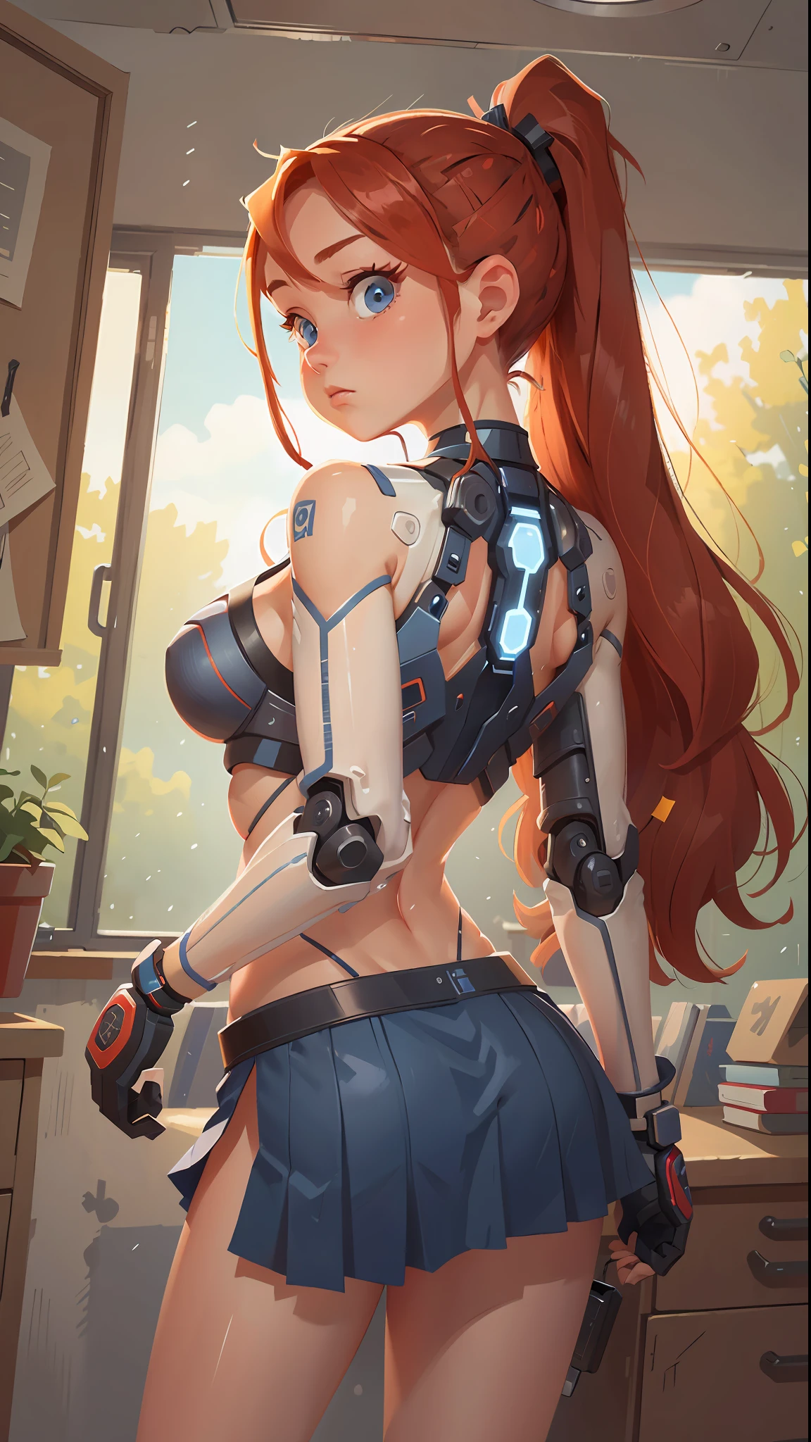 Photo, a girl, back, defined body, large breasts, cybernetic body parts, long red hair ponytail, detailed blue eyes, short high school skirt, cropped transparent (ultra realism) without bra, 8k, ultra gorgeous