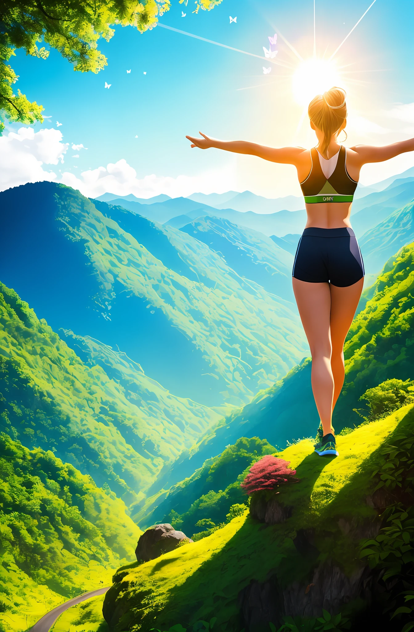 "Imagine a cover image that conveys the powerful connection between mind and body during a journey of transformation. The scene takes place in a serene and inspiring environment. The central figure is a radiant person with a confident and determined expression. She's standing, wearing comfortable exercise clothes, her arms raised in a gesture of empowerment. Soft sunlight bathes the scenery, highlighting a lush background with natural elements such as forests, mountains or a verdant field.
Around the central person, visual symbols represent mental and emotional transformation. Think of elements like butterflies, symbolizing metamorphosis and change, or puzzles, representing the reconstruction of the mind. These symbols float delicately and harmoniously around the person, suggesting the synchrony between mind and body.
The image as a whole should convey a sense of hope, resilience and potential. It should capture the idea that mental transformation is the key to achieving balance and health throughout the body.