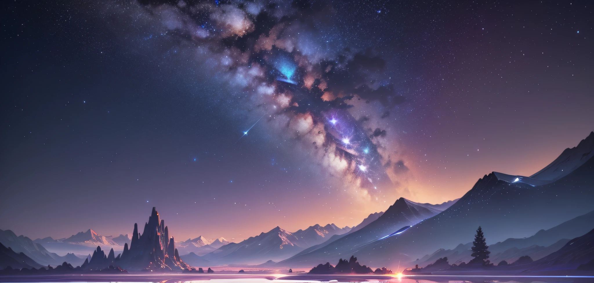 mountains with a sky full of stars and a shooting star, shooting star in background, amazing wallpaper, shooting star, cosmic skies. by makoto shinkai, inspired by Christopher Balaskas, inspired by jessica rossier, shooting stars, by Christopher Balaskas, meteor shower, beautiful iphone wallpaper, jessica rossier color scheme, hq 4k phone wallpaper
