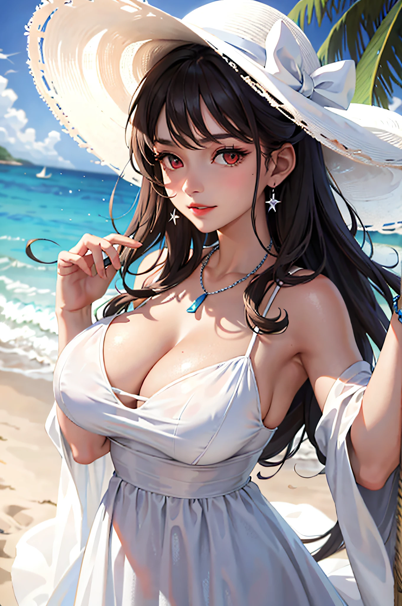 (masterpiece:1.2, best quality), (1lady, solo, upper body:1.2), Clothing: white flowy maxi dress, wide-brimmed hat, strappy sandals, Accessories: shell necklace, Hair: loose beach waves, Makeup: natural, glowing skin, Behavior: relaxed, carefree, free-spirited, Location: beach, resort, outdoor festival, red eyes, huge tits,