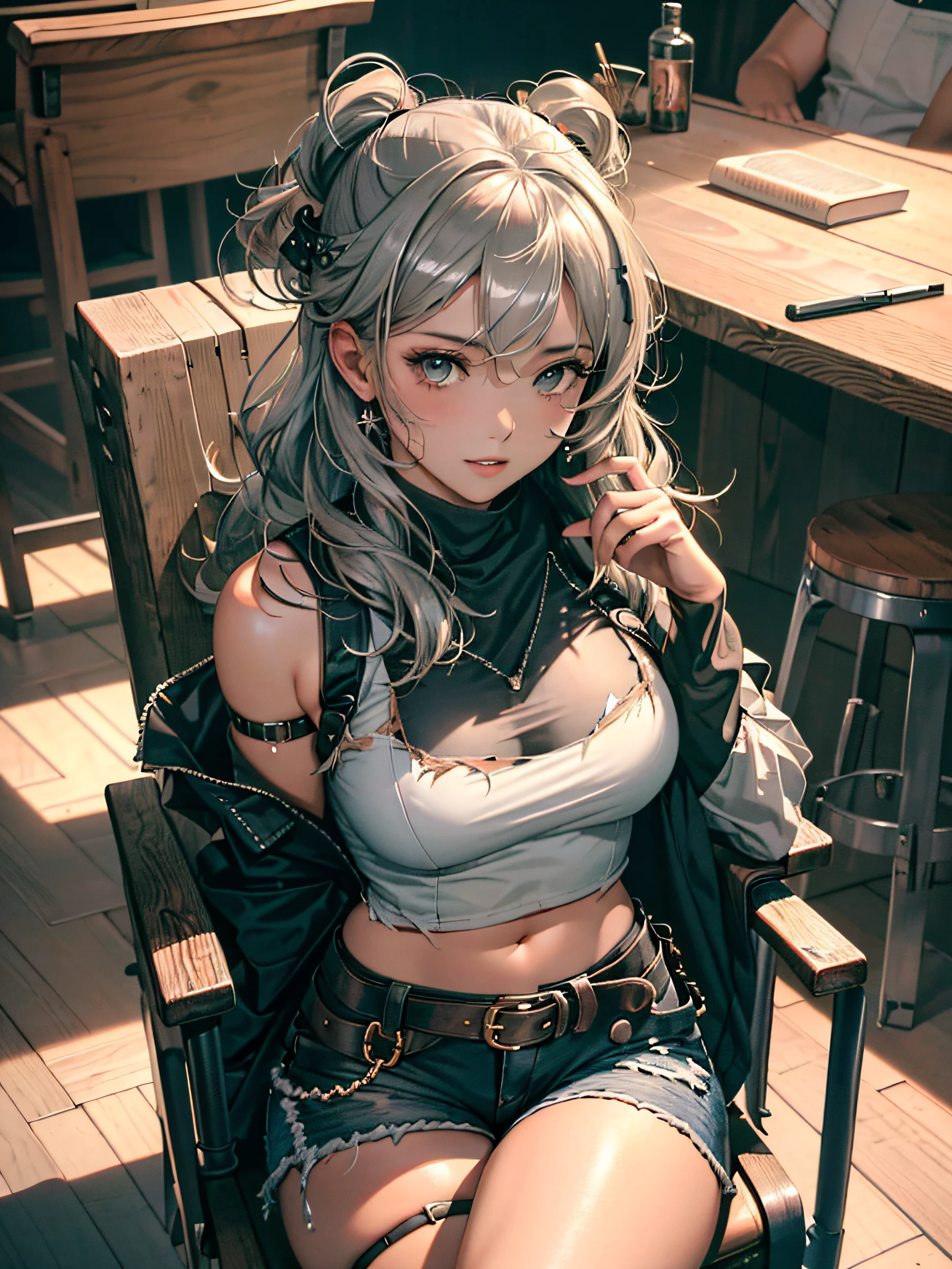 (Masterpiece, Best Quality, Detail Shiny Skin: 1.2), Flawless, 8k, RAW, High Resolution, Upper Body (1 Girl: 1.3), Realistic Textures, Torn Clothes, Ragged Clothes, Ultra Shorts, Soft and Saggy Breasts, Bare Shoulders, Belly Button, Areola, Gray Hair, Long Hair, Straight Hair, Wavy Updo, Olive Skin, High Quality Face, Narrow Space, Dungeon, Injured, Chair, Negative Hand, Negative Hand, Negative Hand, Hands Behind Back