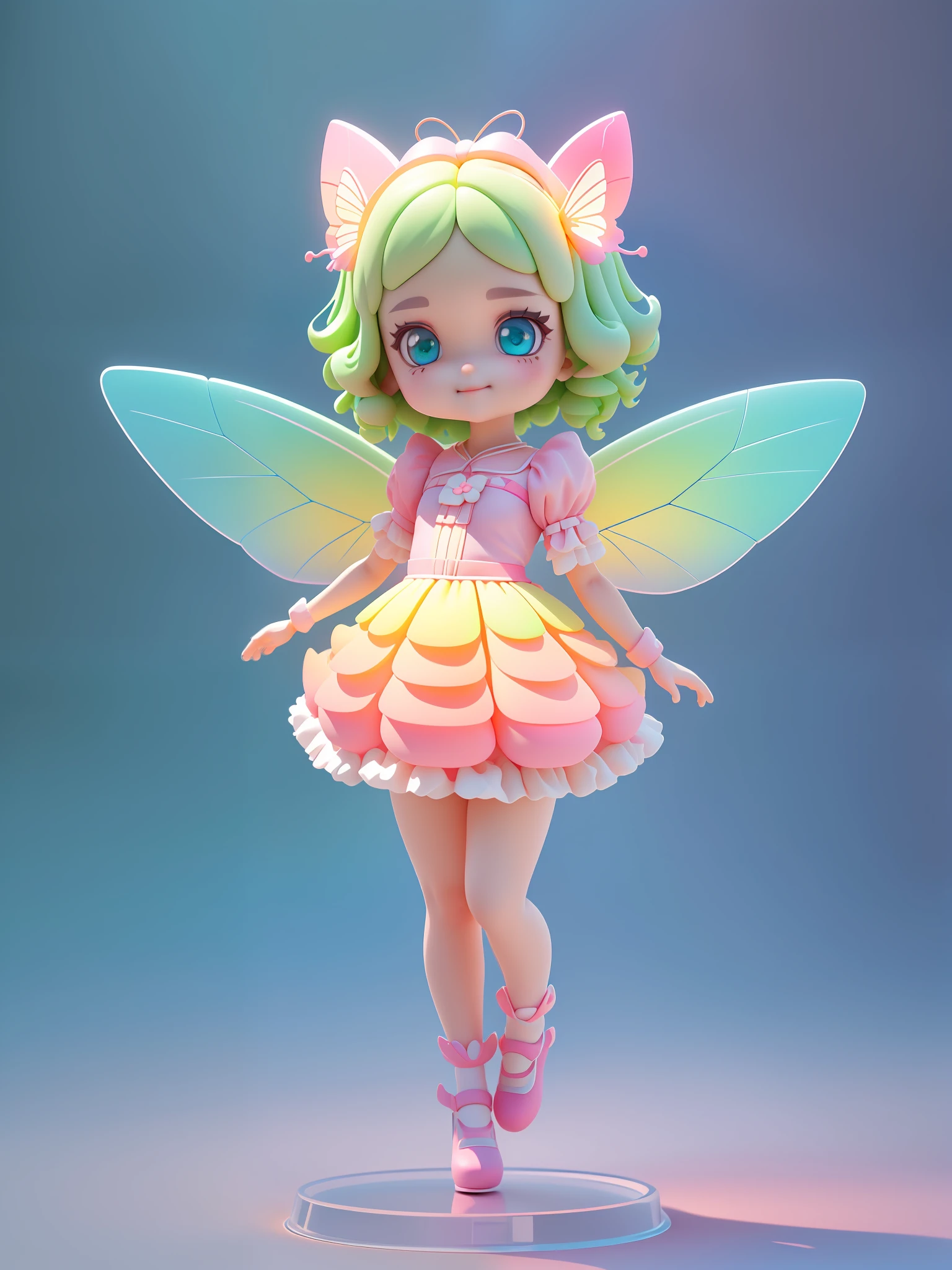Detailed plastic material, (same character, front, side, back)) best quality, (very detailed model), (best quality), octane rendering, ray tracing, very detailed, 3D toy, exaggerated giant hair, (full body) (3D hair, cute hair accessories, ((kids)), beautiful eyes, cute big eyes, cute face, pink green gradient, drum skirt, cute skirt, chib, fluorescent translucent, colorful, plastic, children, transparent, product design, glowing jelly, Delicate and cute plastic, beautiful light and shadow 3D, digital art, translucent plastic bubblegum, close-up, 3D, super detailed, generate front view, side view, rear view three views, borderless, c4d, Octane rendering, Blender, HD, full body, simple background! Butterfly wings) ((body symmetry))) (smile) (full body portrait) (skirt to knee) (butterfly fairy) (fly up) (a girl) (face light) (skirt to knee) (skirt to knee) (skirt covers the thighs) (and detailed details) (masterpiece) (stand up straight) (beautiful butterfly wings) (face fill light)