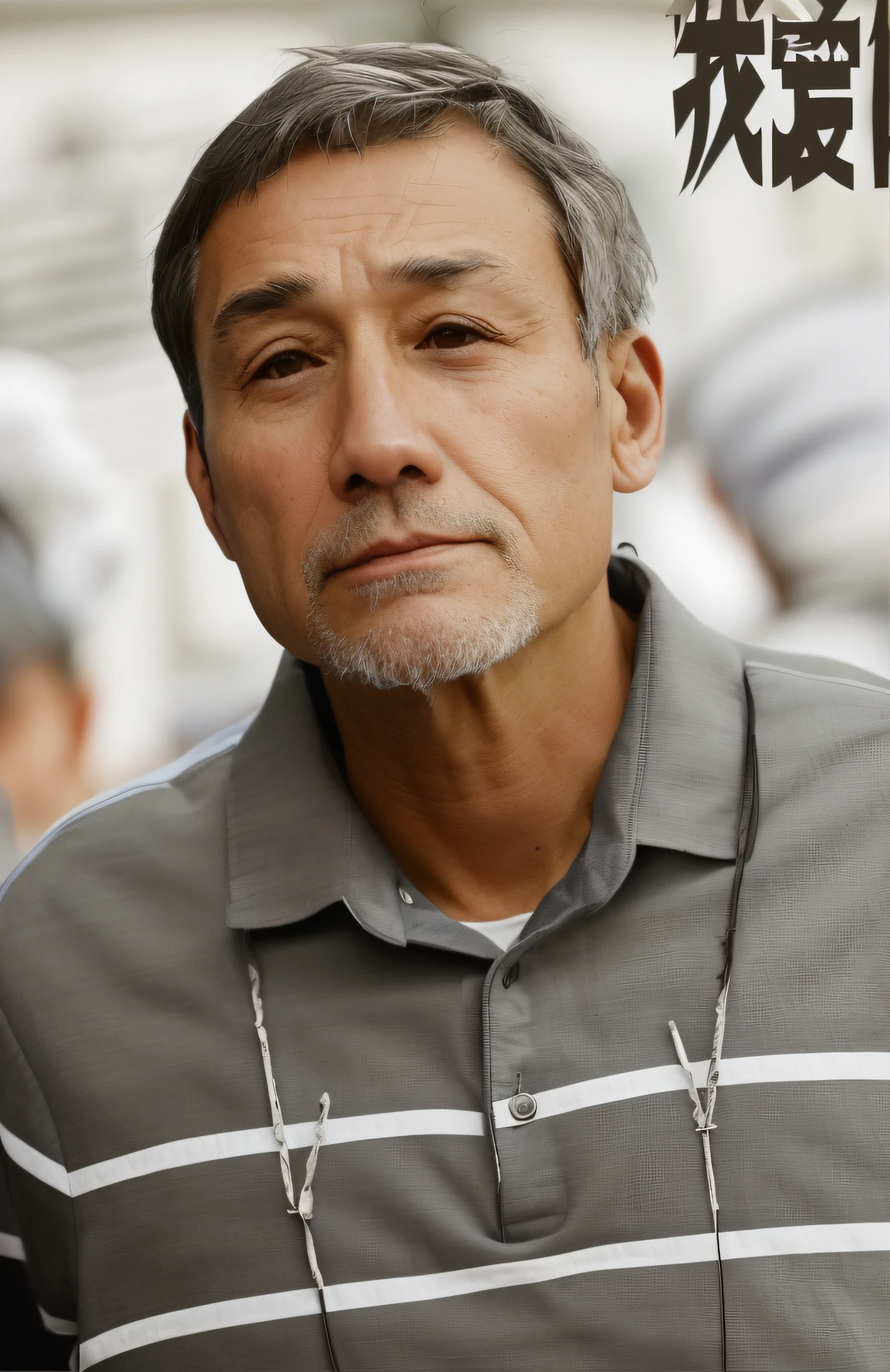 Keep the facial expression, 100% restored, gray hair, frown, eyes looking diagonally upward, skin texture, helplessness, close lips,