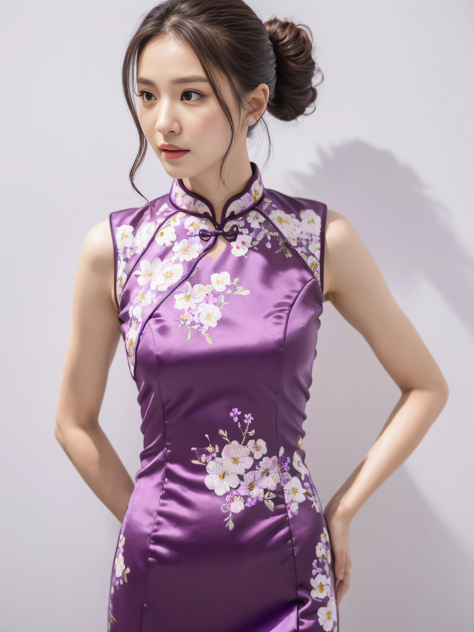 ((Best Quality, 8K, Masterpiece: 1.3)), Focus: 1.2, Wearing Purple Cheongsam, Sleeveless, Delicate Small Floral Print, Split End, Full Body Photo, Standing Posture, White Wall, Highly Detailed Face and Skin Texture, Detailed Eyes, Double Eyelids, Whitened Skin, Long Ponytail