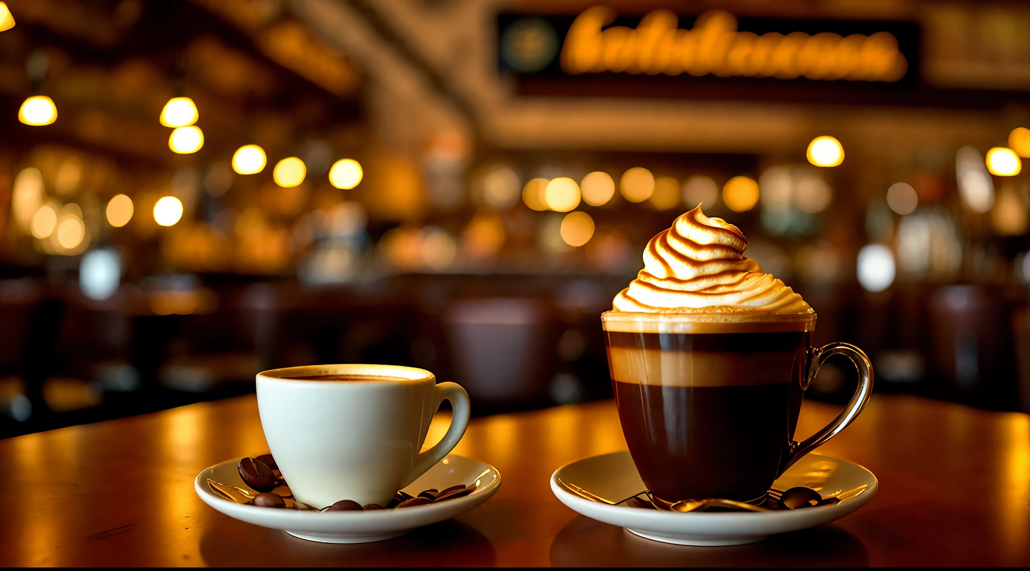 Stunning snozboffle coffee espresso rich in fat cappuccino latte pov photo busy vintage restaurant interior background kodak vision 3, rustic dining table + , intricate details: 1.15, HDR, ultra detail: 1.2, ultra hd, detail, large aperture