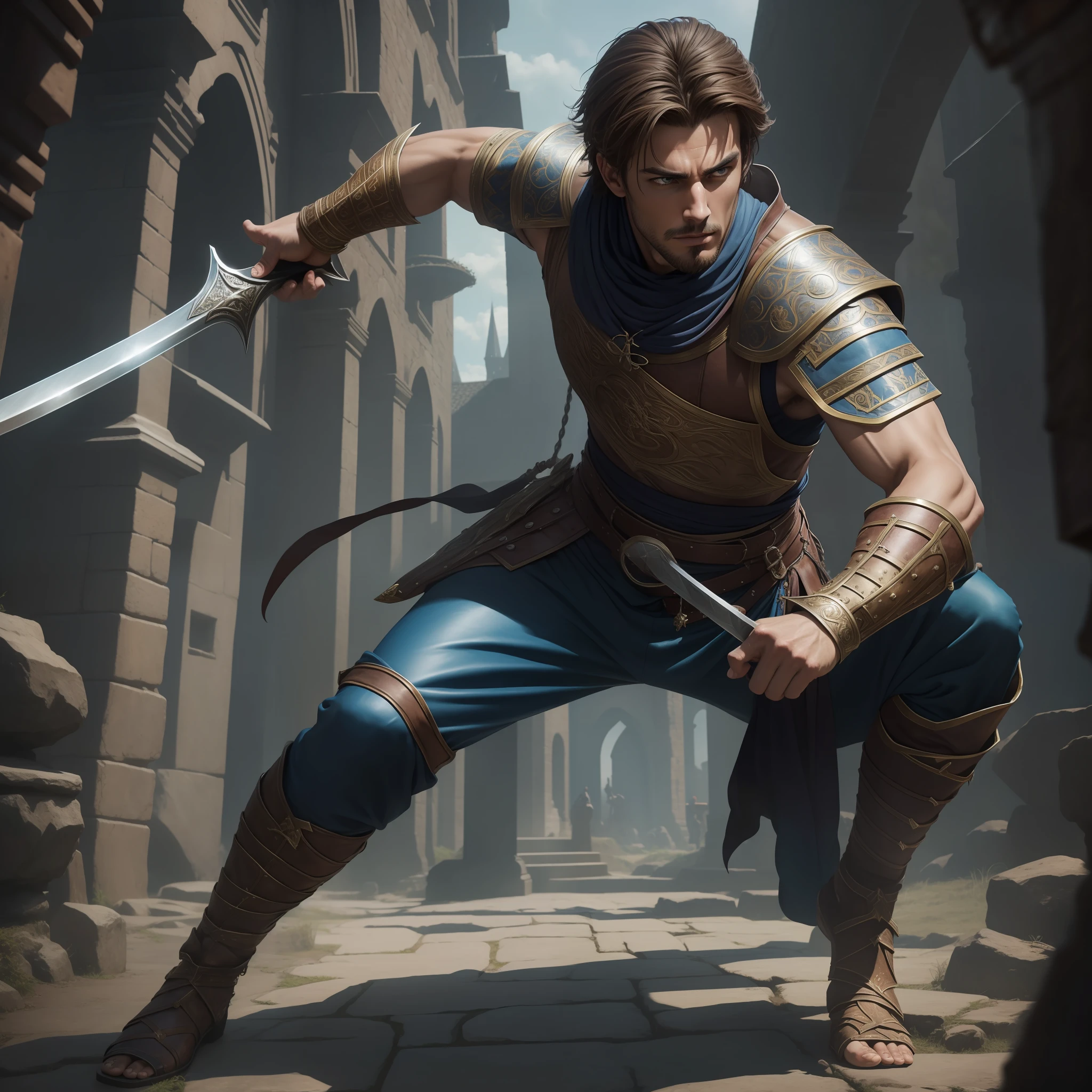 male, young, handsome, tall muscular guy, broad shoulders, intricate details, styled brown hair, brown eyes, angular features, pointed chin, smirking, shirtless, loose blue pants, sweating, sword-fighting, battle stance, colorful, highest detailed, full body, 8k, realistic textures (masterpiece),(best quality:1.0), (ultra highres:1.0), detailed,(photorealistic:1.4), face focus, detailed eye, (depth of field:1.3), (solo:1.1),((medieval fantasy environment)),