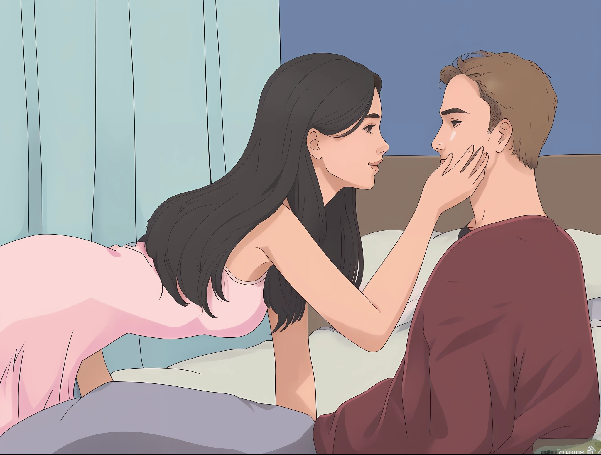 a woman is touching a man's face while he lays on a bed, wikihow illustration, wikihow, dreaming of kissing a girl, couple on bed, making out, really realistic, kissing together cutely, realistic illustration, intimate holding close, couple kissing, someone sits in bed, rotoscoped, kiss mouth to mouth, very realistic, illustrations --auto --s2