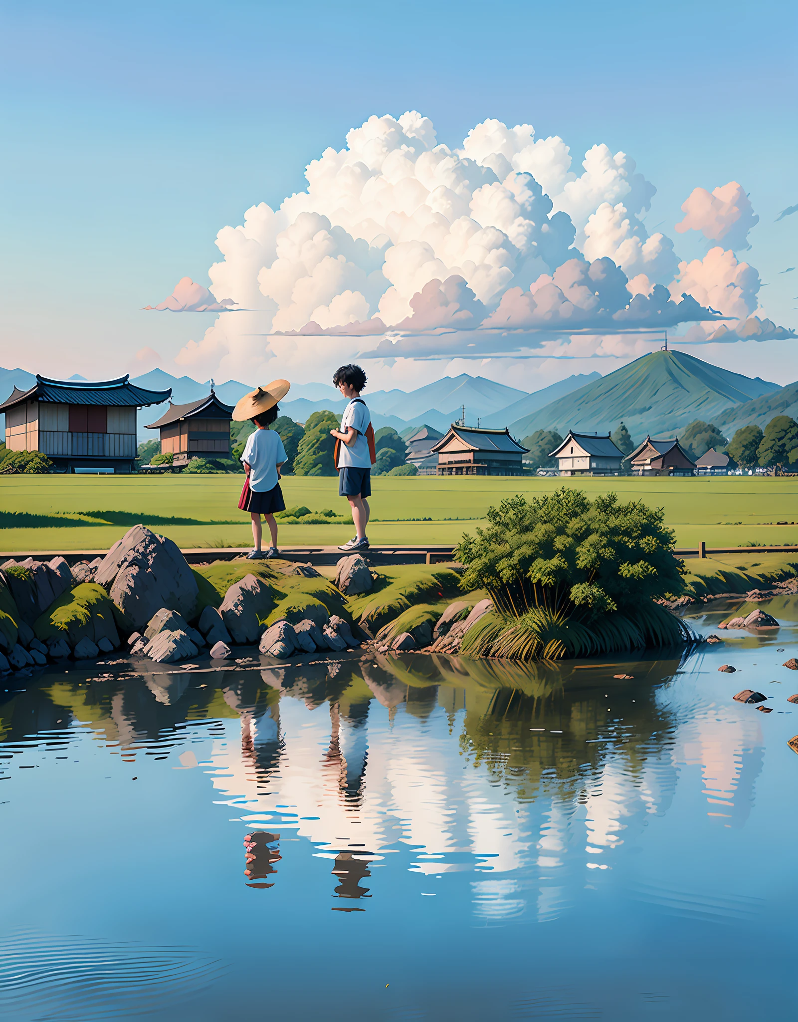 In the Japanese countryside landscape, two children play kites in the field, exuding a warm summer atmosphere. Village trips in Japan can be traced back to the footsteps of Hiroshi Honda, Tadashi Ono, Tama Kiyohara, etc., who depict in detail the beauty of this place, fresh and pleasant on a summer morning. From here, you can enjoy beautiful scenery such as Kentaro Miura and Toshihide Katsukawa, as well as the tranquility of Yasushi Sugiyama.
