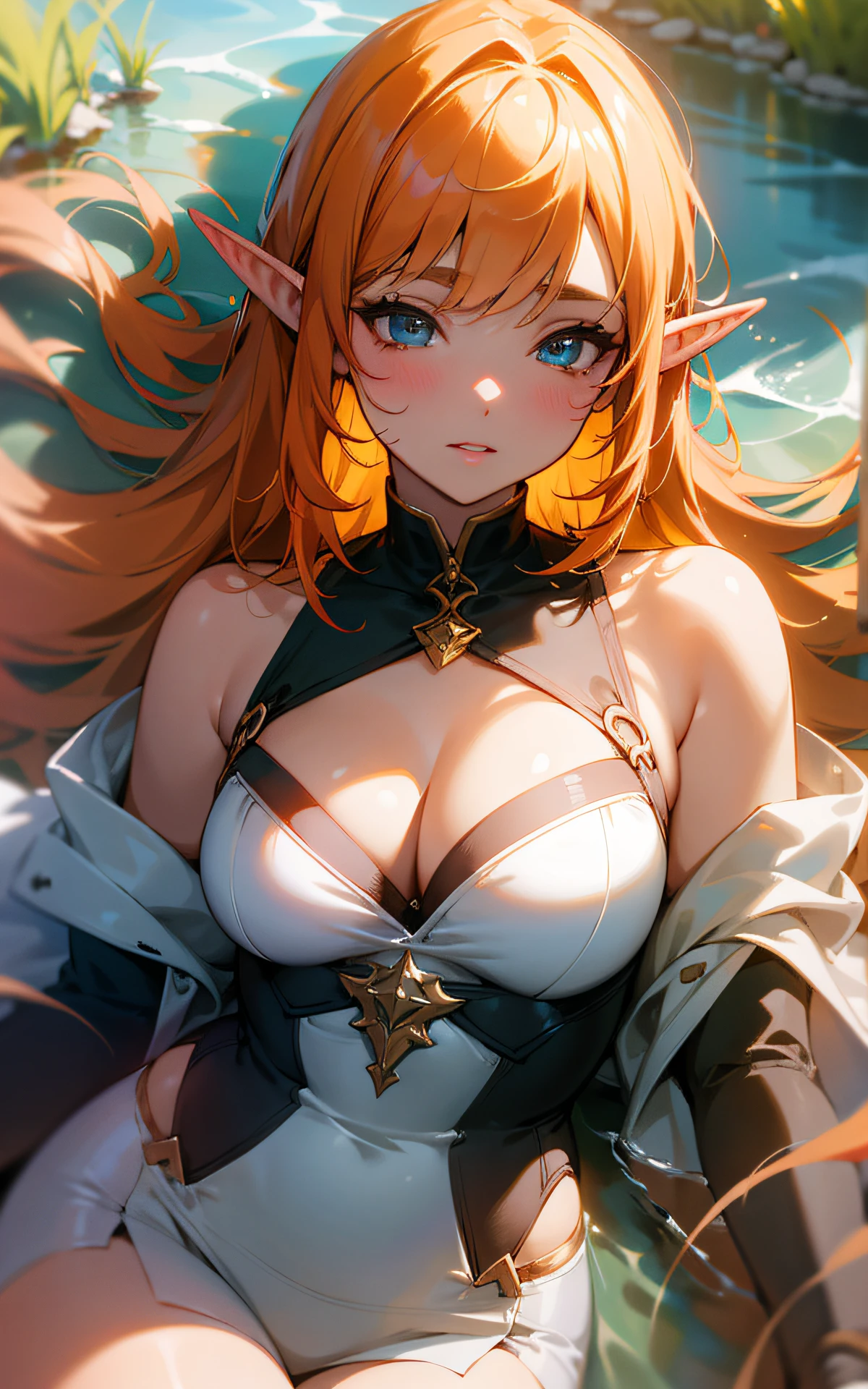 (Original Character、Unity 16K Wallpaper, Masterpiece, Best Quality, Ultra-Detailed, Extremely Detailed CG, Caustics, Cinematic Lighting, Detailed, Beautiful Detailed Eyes, solo), Ultra High Resolution, fine skin, (elf, curby), (strong light)、((brighten the subject)),outdoors,cleavage,blush,cowboy shot,Mysterious,lake,lying:1.2,orange hair