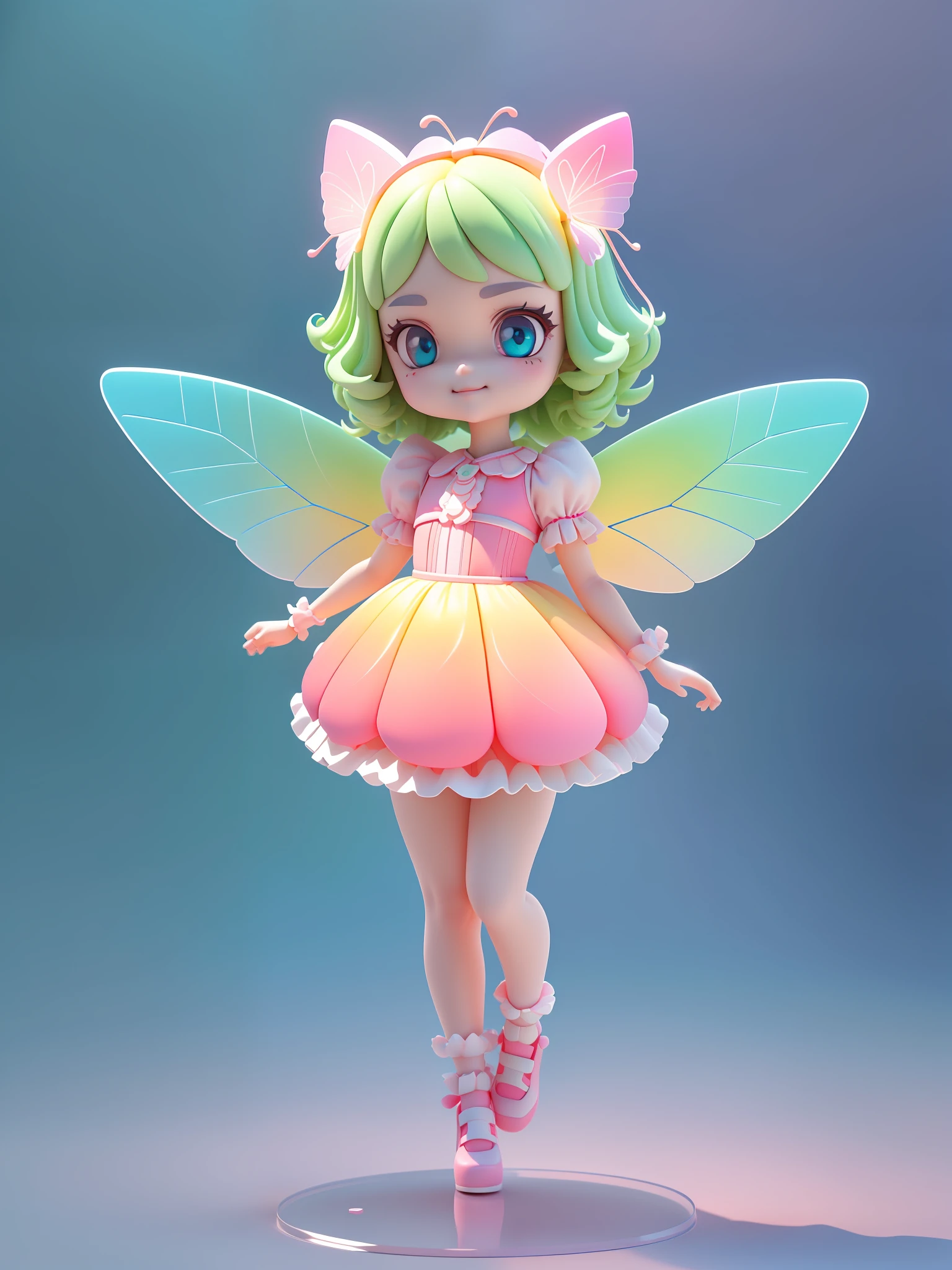 Detailed plastic material, (same character, front, side, back)) best quality, (very detailed model), (best quality), octane rendering, ray tracing, very detailed, 3D toy, exaggerated giant hair, little girl (full body) (3D hair, cute hair accessories, ((kids)), beautiful eyes, cute big eyes, cute face, pink green gradient, drum skirt, cute skirt, chib, fluorescent translucent, colorful, plastic, children, transparent, product design, glowing jelly, Delicate and cute plastic, beautiful light and shadow 3D, digital art, translucent plastic bubblegum, close-up, 3D, super detailed, generate front view, side view, rear view three views, borderless, c4d, Octane rendering, Blender, HD, full body, simple background! Butterfly wings) ((body symmetry))) (smile) (full body portrait) (skirt to knee) (butterfly fairy) (fly up) (a girl) (face light) (skirt to knee) (skirt to knee) (skirt covers the thighs) (and detailed details) (masterpiece) (stand up straight) (beautiful butterfly wings) (face fill light)