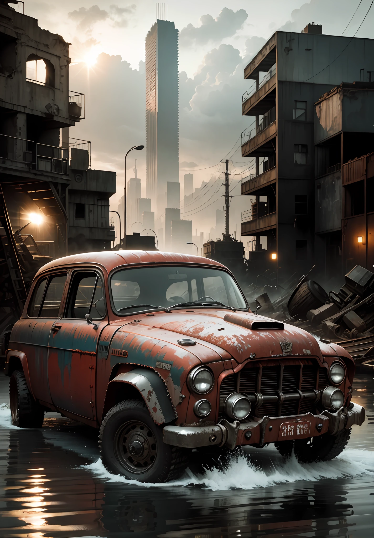 "Wasteland punk theme: an old rusty car in the water, a city building with a blurred background, cold and mechanical tones. (1 car: 1.8), factory equipment, dominant mechanical theme. "