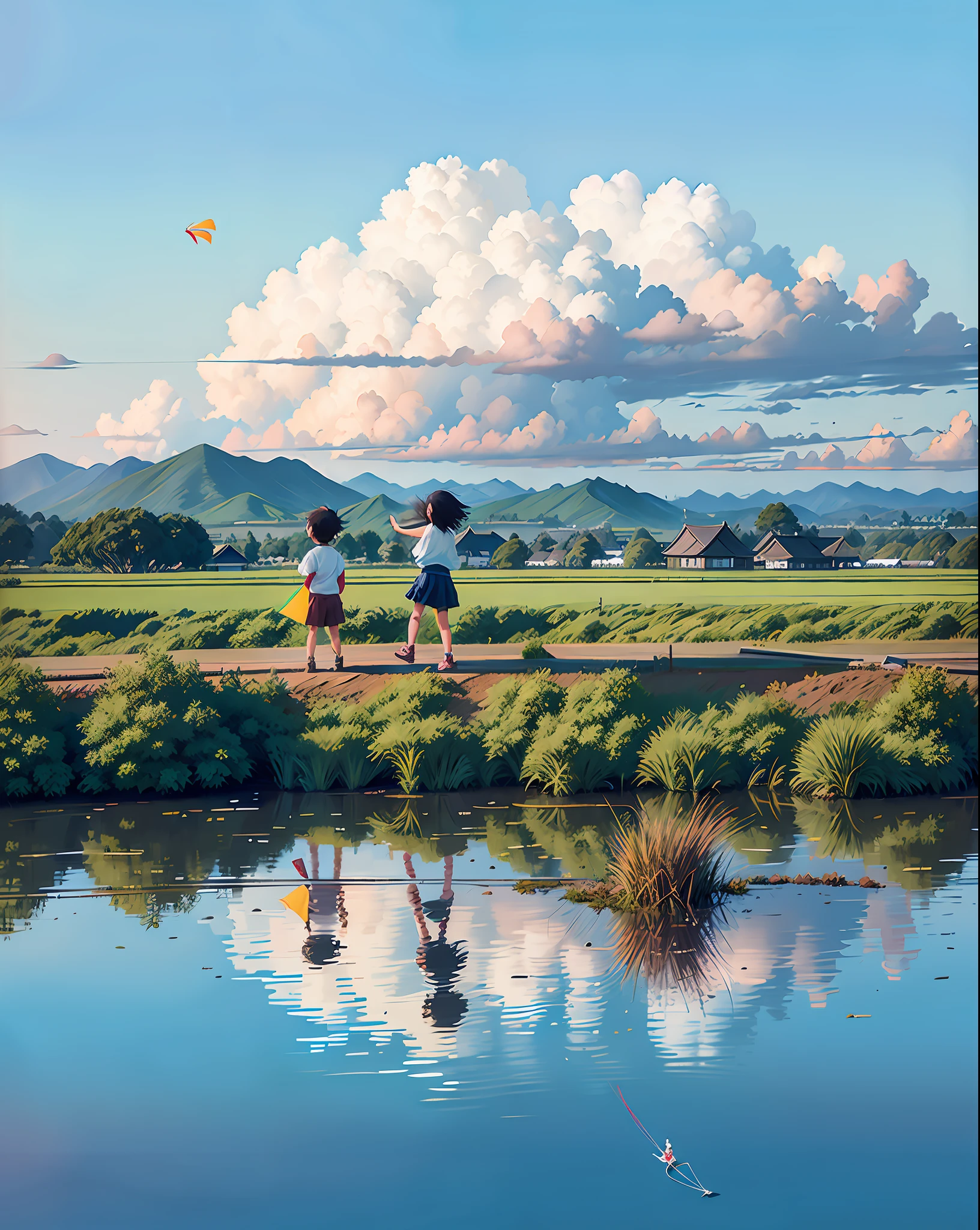 Anime style, with two children playing a kite in a field, Japanese countryside, Japanese countryside, Japanese countryside, Japanese countryside, Honda Hiroshi, Summer set, Ono Tadashi, Kiyohara Tama, Summer Morning, Miura Kentaro, Katsukawa Toshihide, Sugiyama Yasuyama