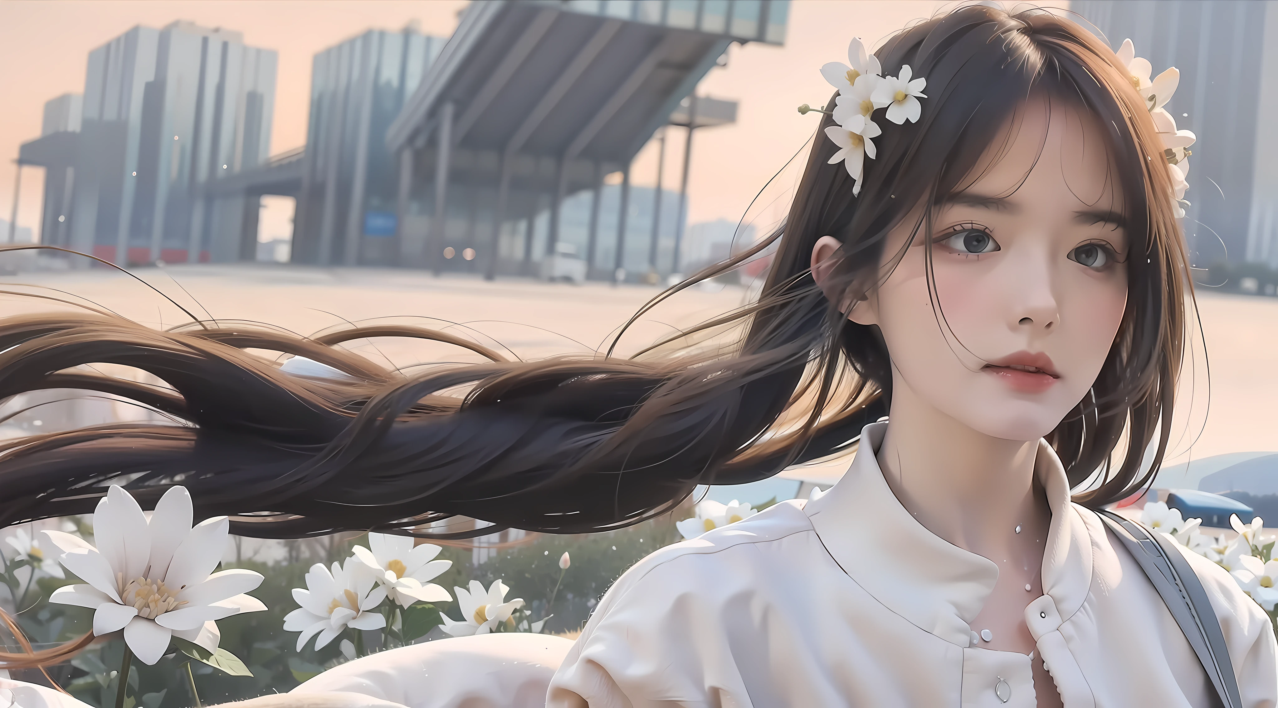 celestial goddess, floating, clouds,galaxy,nebula,big white flowers in hair