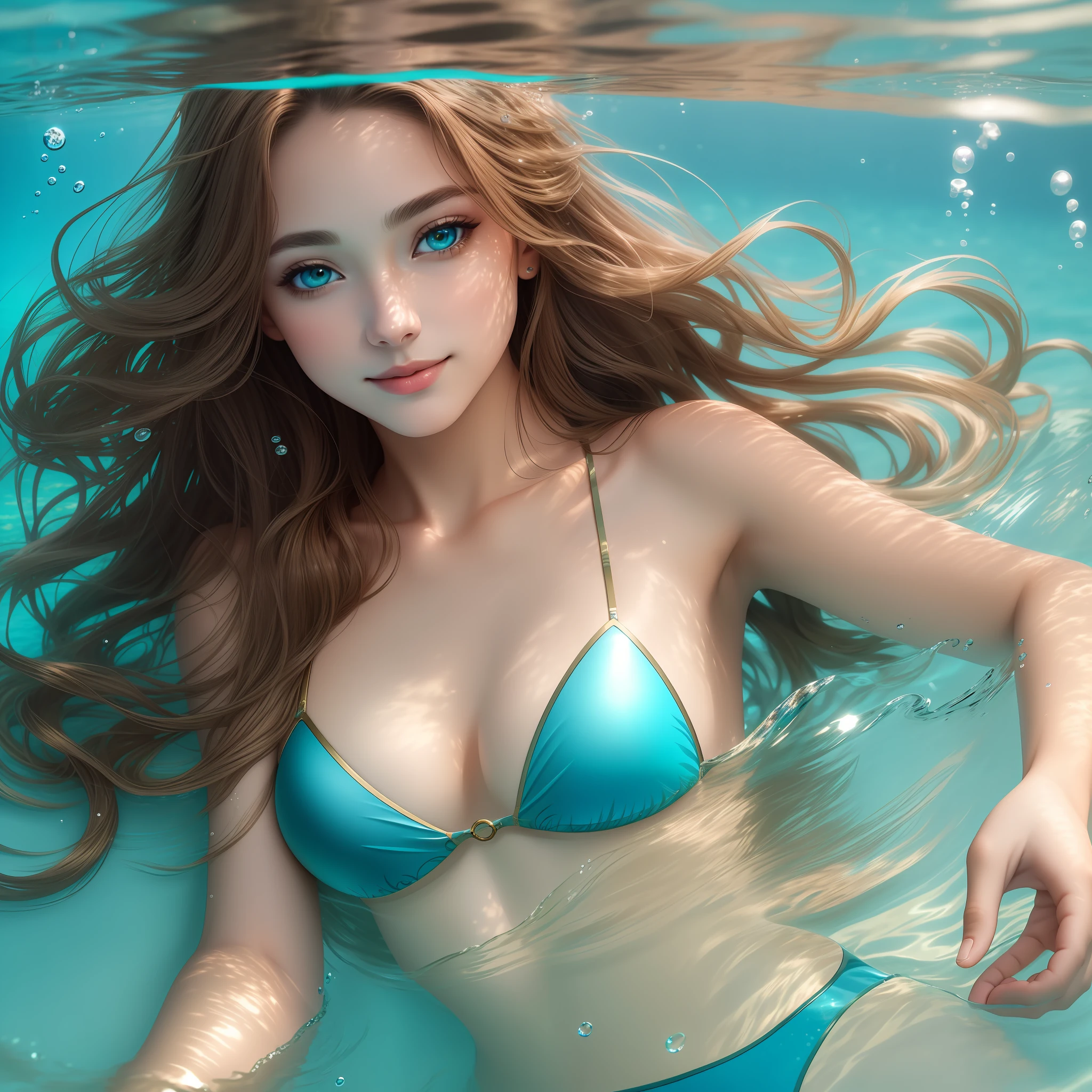 (Masterpiece) 8K resolution, beauty swimming underwater, beige brown long hair, hazel eyes, turquoise eyes, gentle smile, model style, fantasy style,