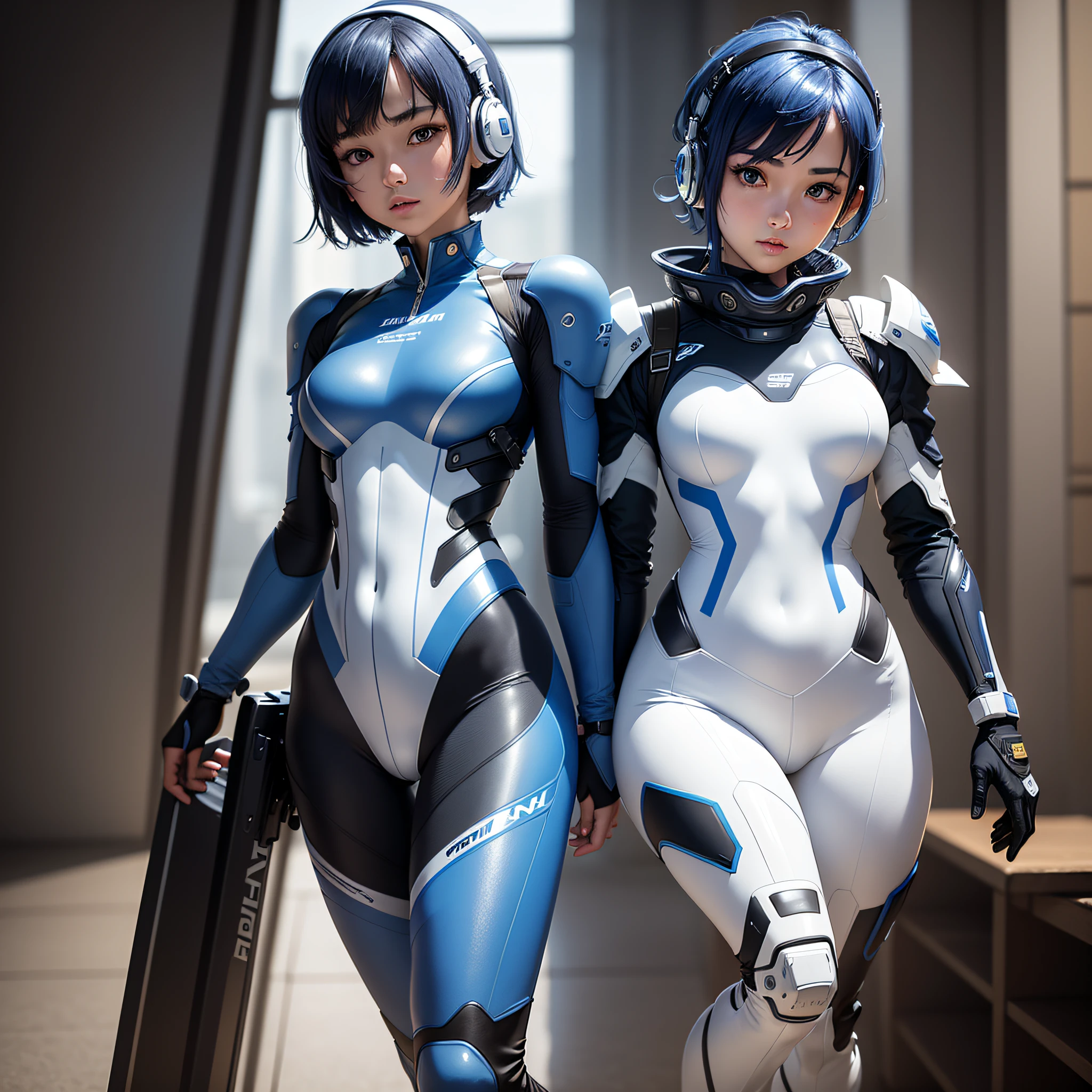 (masterpiece, highest quality, highest resolution, distinct_image, detailed details): (Solo, lone girl, face is Japan person, short cut, blue-haired girl, full body figure, (perfect body: 1.4), sparkly blue color eyes, white and blue, black color pilot suit, tight fit clothes, clothes that cover the whole body, very delicate and beautiful, detailed skin, slim body, exoskeleton, Heroine, headset, boots)