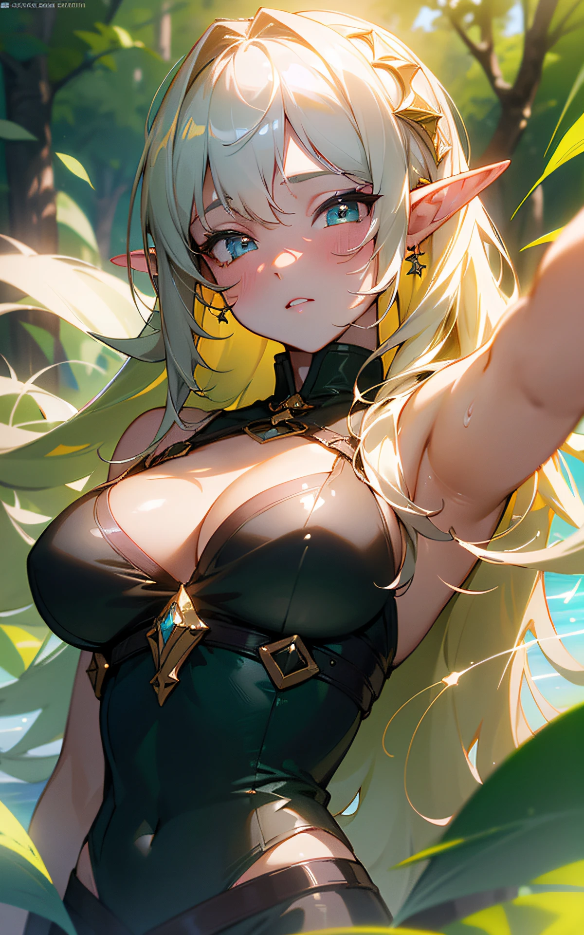 (Original Character、Unity 16K Wallpaper, Masterpiece, Best Quality, Ultra-Detailed, Extremely Detailed CG, Caustics, Cinematic Lighting, Detailed, Beautiful Detailed Eyes, solo), Ultra High Resolution, fine skin, (elf, curby), (strong light)、((brighten the subject)),outdoors,cleavage,blush,cowboy shot,Mysterious,lake,lying:1.2