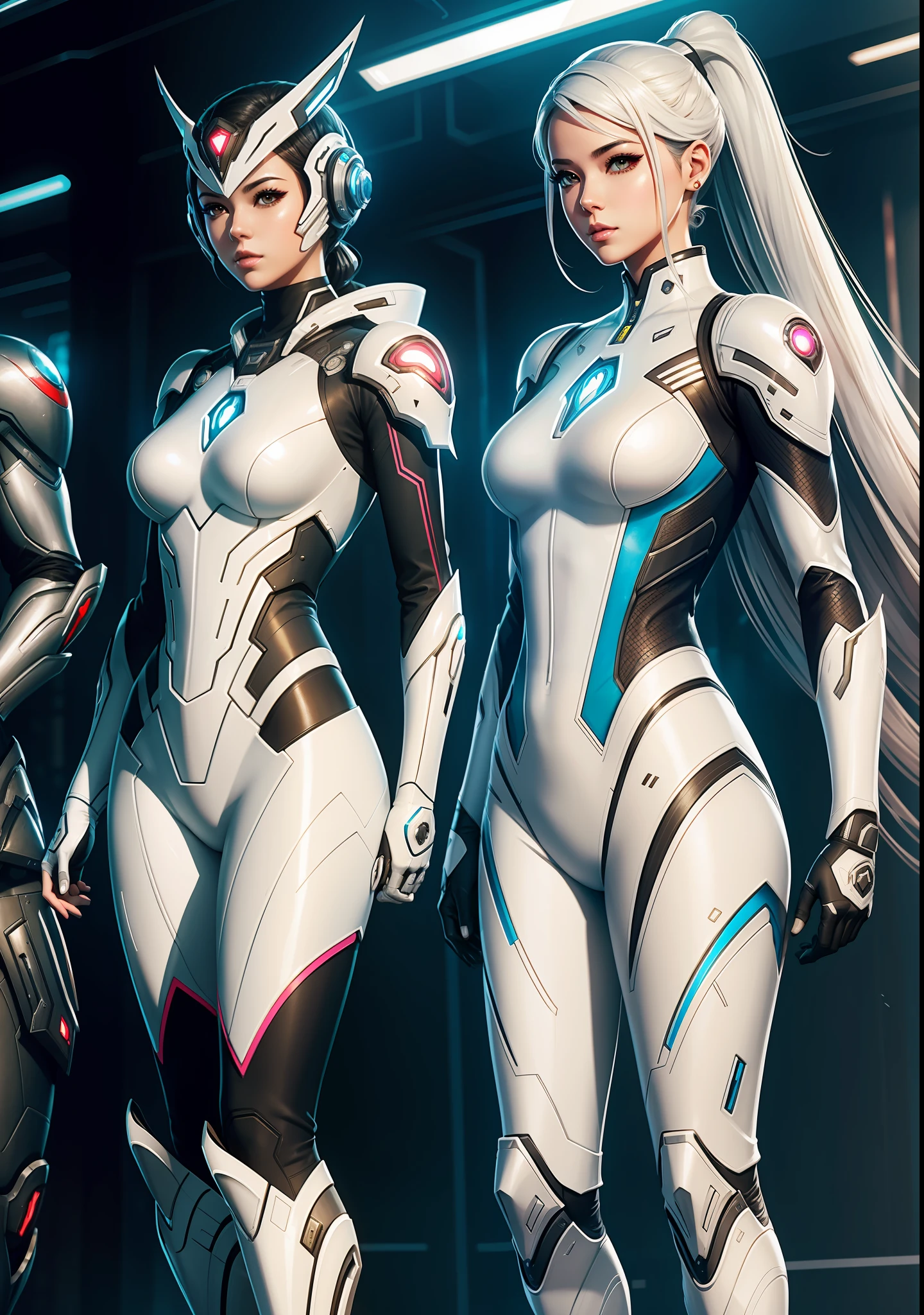 A women in superhero costumes standing next to each other, diverse white cybersuits, three futuristic princes, rossdraws 1. 0, rossdraws 2. 0, perfect android girl family, high quality digital concept art, of a beautiful female warframe, style artgerm, cyberpunk women, rossdraws digital painting, cybersuits, cgsociety concept art, artgerm jsc