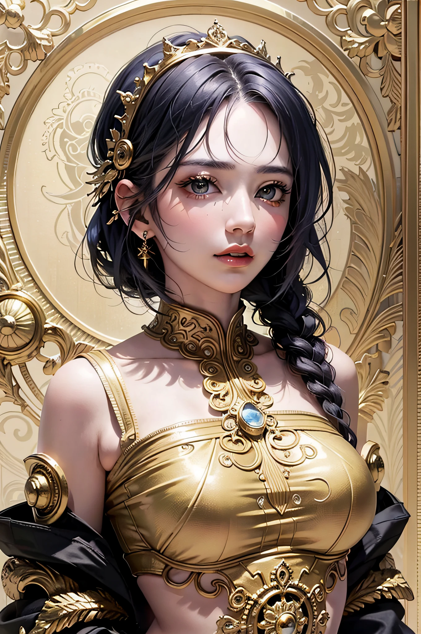 PerfectNwsjMajic,(masterpiece, top quality, best quality, official art, beautiful and aesthetic:1.2), (1girl), extreme detailed,colorful,highest detailed, official art, unity 8k wallpaper, ultra detailed, beautiful and aesthetic, beautiful, masterpiece, best quality, (zentangle, mandala, tangle, entangle) ,holy light,gold foil,gold leaf art,glitter drawing, are shoulders, barefoot, bare back, shiny skin, shiny hair, closeup, chest, neck, shoulders, full head, perfect eyes, perfect iris