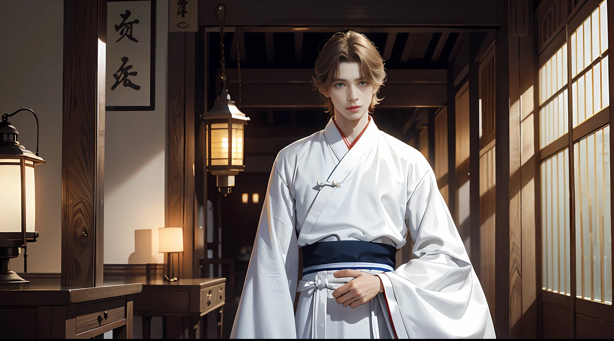 Superb Quality, Masterpiece, High Resolution, Handsome Looks, Delicate Details, ((Face Details)), High Resolution, Wallpaper, 1 Boy, Solo, (((White Hanfu)), Brown Hair, Short Hair, Hanfu, Standing Pose, Indoor, Study, 16K, HDR, High Resolution, Depth of Field, (Film Grain: 1.1), Prime Time, (Lens Glow), (Color Grading: 1.5), Lantern, ((Hands Grabbing Hair))), Painful Expression