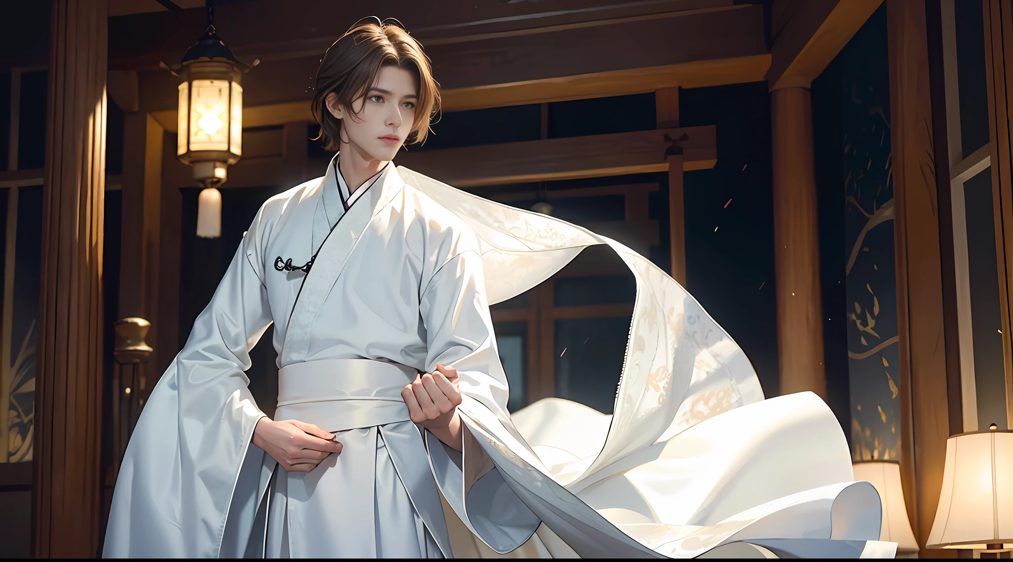 Superb Quality, Masterpiece, High Resolution, Handsome Looks, Delicate Details, ((Face Details)), High Resolution, Wallpaper, 1 Boy, Solo, (((White Hanfu)), Brown Hair, Short Hair, Hanfu, Standing Pose, Indoor, Study, 16K, HDR, High Resolution, Depth of Field, (Film Grain: 1.1), Prime Time, (Lens Glow), (Color Grading: 1.5), Lantern, ((Hands Grabbing Hair))), Painful Expression