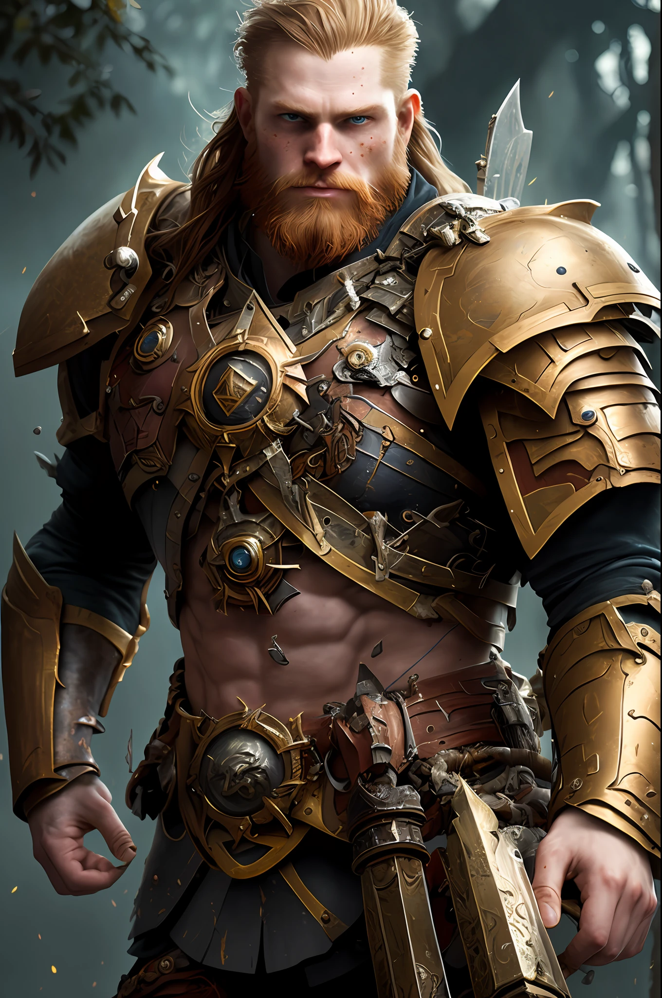 One (full body: 1.3) shot with 8k resolution, splash art, fantastic comic book style, photorealistic, intense visual, anatomical portrait of photorealistic digital painting of a young red-haired Viking man: 1.3) human (warrior: 1.3) in intricate black and gold (heavy armor: 1.3) in one (dark and temperamental universe: 1.3), particle of light, very detailed skin, samurai,  Very detailed eyes, (Elden Ring style: 1.3), (Warhammer style: 1.1), conceptual artist, global lighting, depth of field, splash art, art by Artgerm and Greg Rutkowski and Viktoria Gavrilenko
